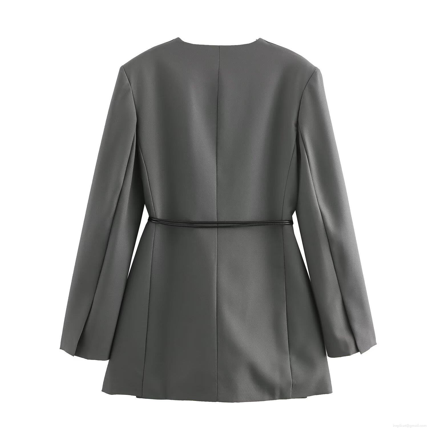Women\'s Elegant Office Suit Set Long Sleeve Collarless Blazer with Belt and High Waist Straight Leg Pants Solid Color Commute Outfit Polyester Spandex