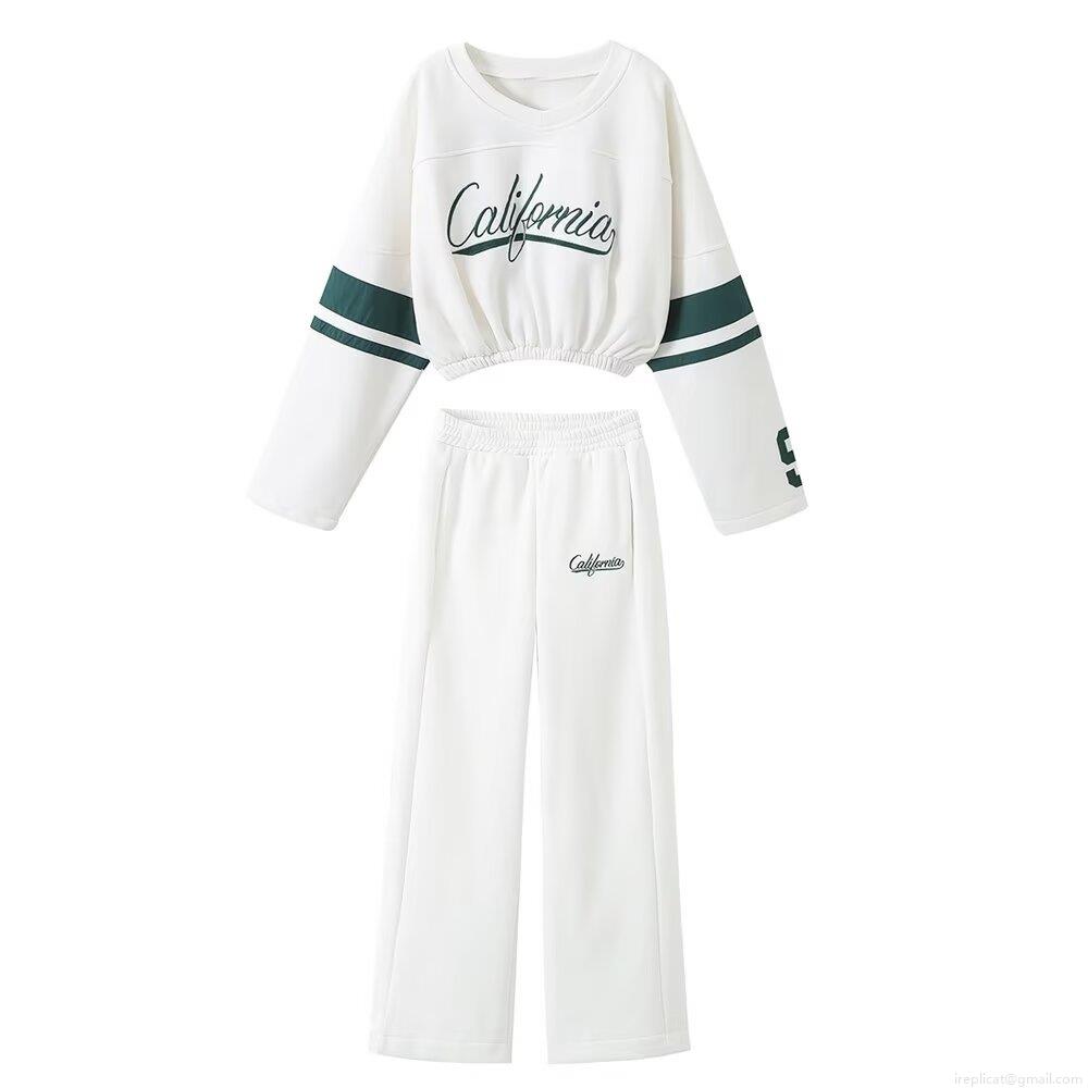 Women's White 100% Polyester Casual Letter Print Sweatshirt And Wide Leg Pants Set California Los Angeles Graphic Cropped Round Neck Long Sleeve Top High Waist Straight Leg Jogger Trousers For Women Sporty Streetwear Women's White 100% Polyester Casual Letter Print Sweatshirt And Wide Leg Pants Set California Los Angeles Graphic Cropped Round Neck Long Sleeve Top High Waist Straight Leg Jogger Trousers For Women Sporty Streetwear