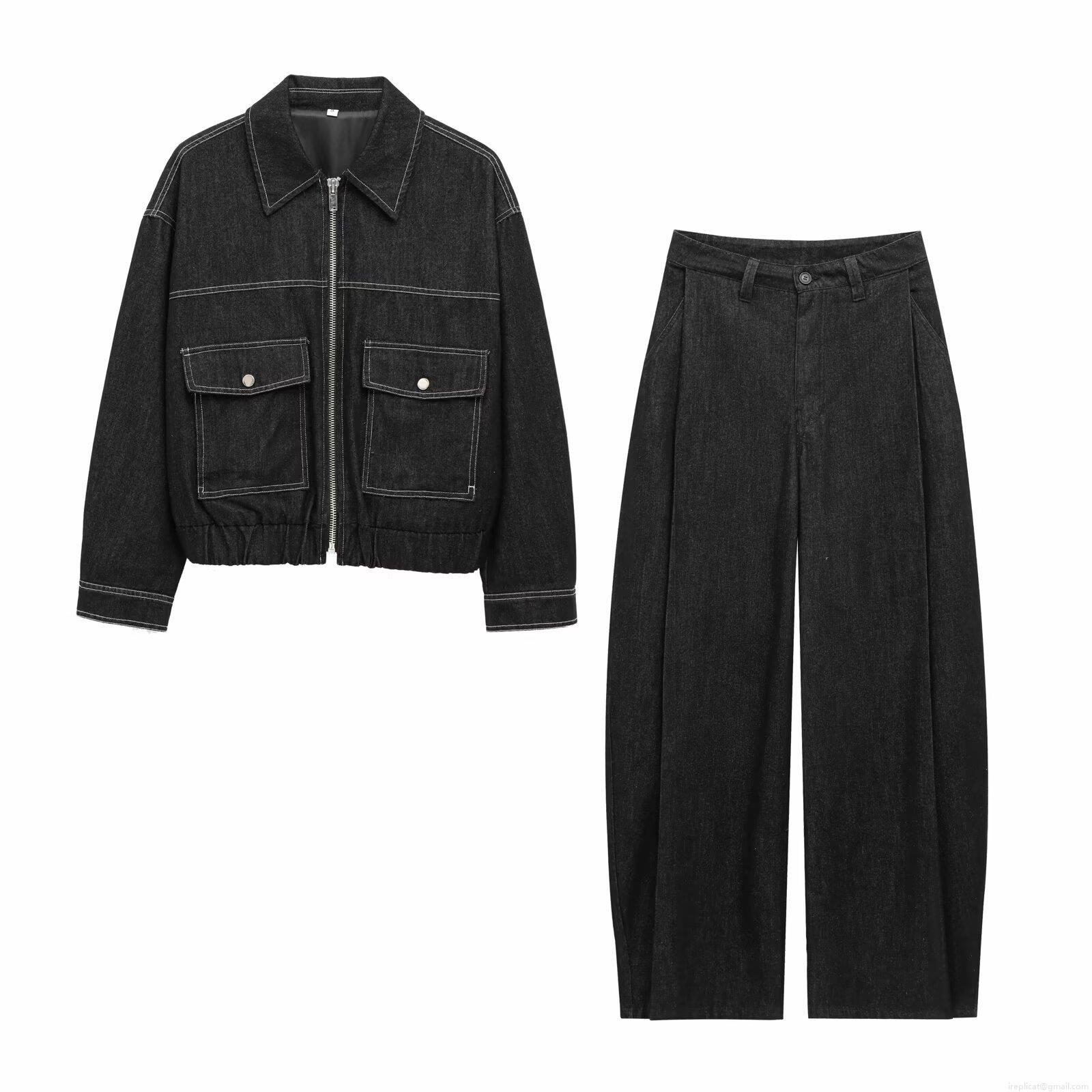 Women's Casual Denim 3 Piece Set Contrast Stitching Zip Cropped Jacket High Waist Wide Leg Pants And Fitted Tube Top Streetwear Co-ord Outfits Women's Casual Denim 3 Piece Set Contrast Stitching Zip Cropped Jacket High Waist Wide Leg Pants And Fitted Tube Top Streetwear Co-ord Outfits