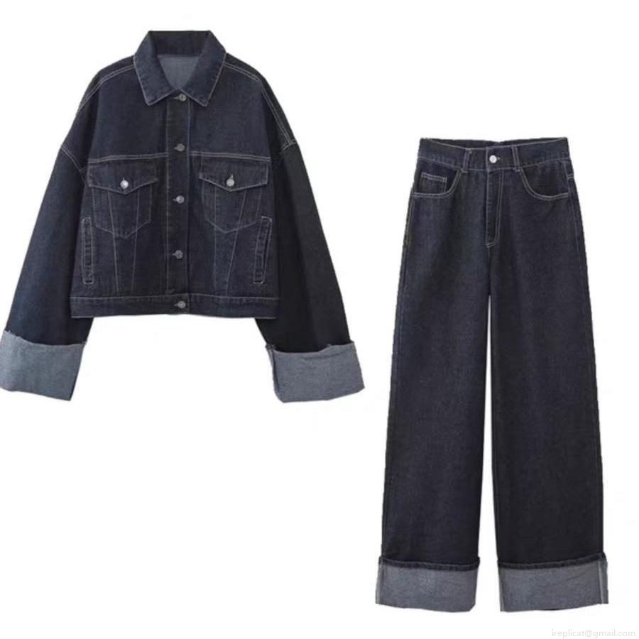 Women's Casual Denim Jacket and Wide Leg Pants Set 100% Cotton Dark Blue Washed Jeans Suit with Contrast Stitching Two Piece Outfit Women's Casual Denim Jacket and Wide Leg Pants Set 100% Cotton Dark Blue Washed Jeans Suit with Contrast Stitching Two Piece Outfit