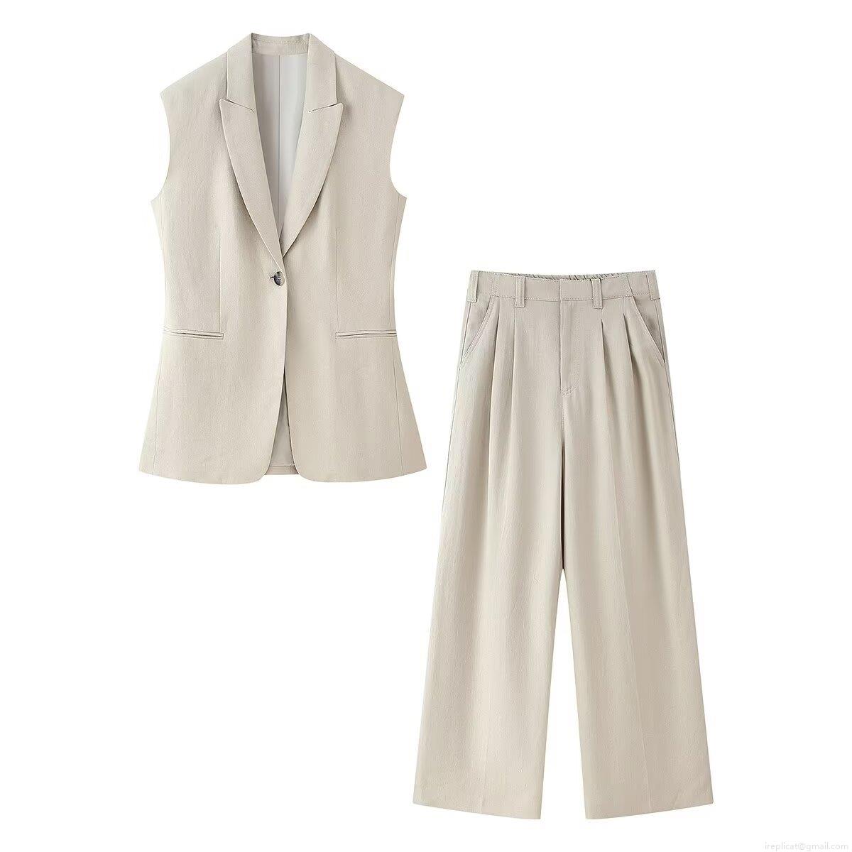 Women's Minimalist Two-Piece Set Sleeveless Shoulder Pad Blazer Vest And High Waist Wide Leg Pleated Pants Office Commute Khaki Woven Suit Women's Minimalist Two-Piece Set Sleeveless Shoulder Pad Blazer Vest And High Waist Wide Leg Pleated Pants Office Commute Khaki Woven Suit