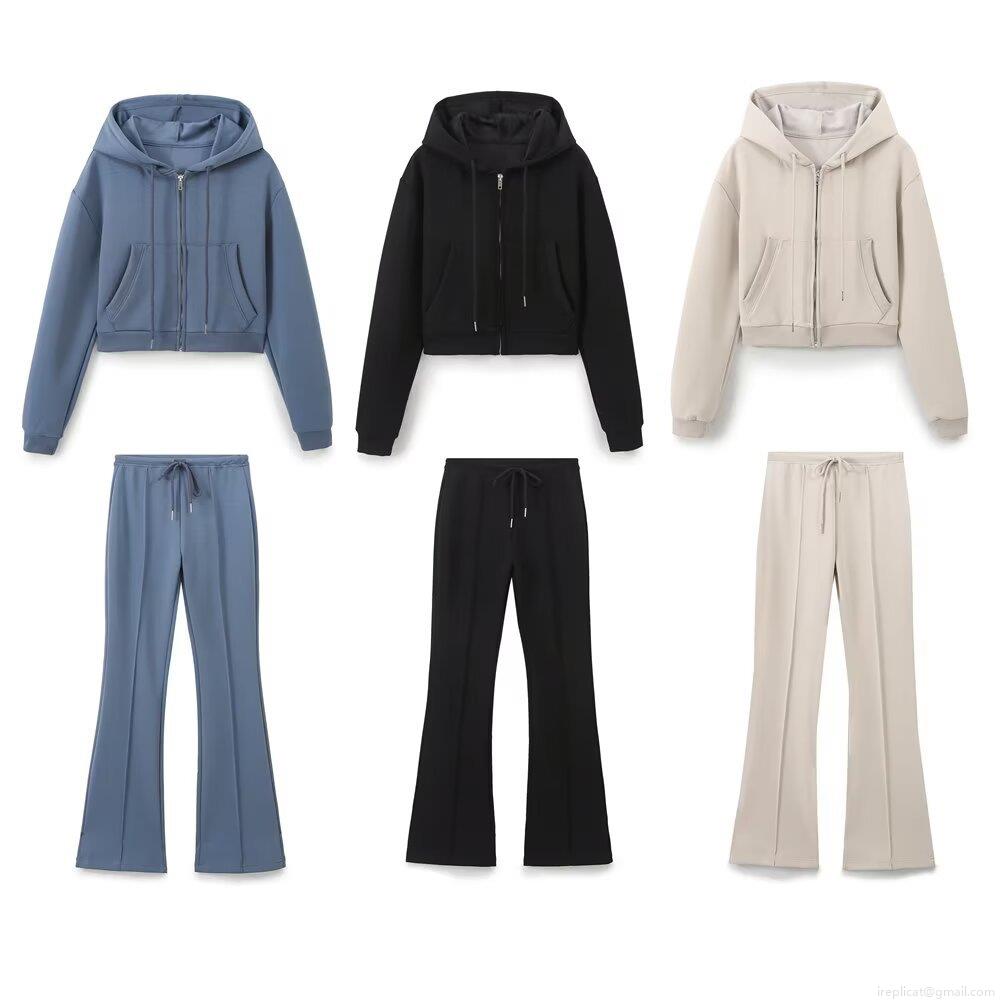 Women Casual Cotton Blend Set Cropped Zipper Hoodie And High Waist Flare Pants Sporty Ribbed Knit Outfit For Daily Spring Women Casual Cotton Blend Set Cropped Zipper Hoodie And High Waist Flare Pants Sporty Ribbed Knit Outfit For Daily Spring