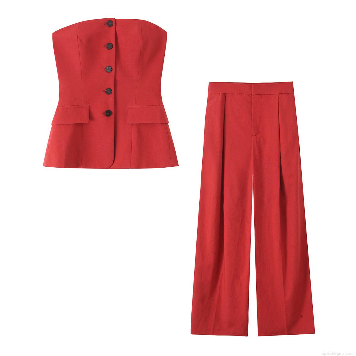 Women Sexy Solid Color Bandeau Top And High Waist Wide Leg Trousers Two Piece Set Fashion Button Front Sleeveless Streetwear Outfits For Women Party Clubwear Women Sexy Solid Color Bandeau Top And High Waist Wide Leg Trousers Two Piece Set Fashion Button Front Sleeveless Streetwear Outfits For Women Party Clubwear