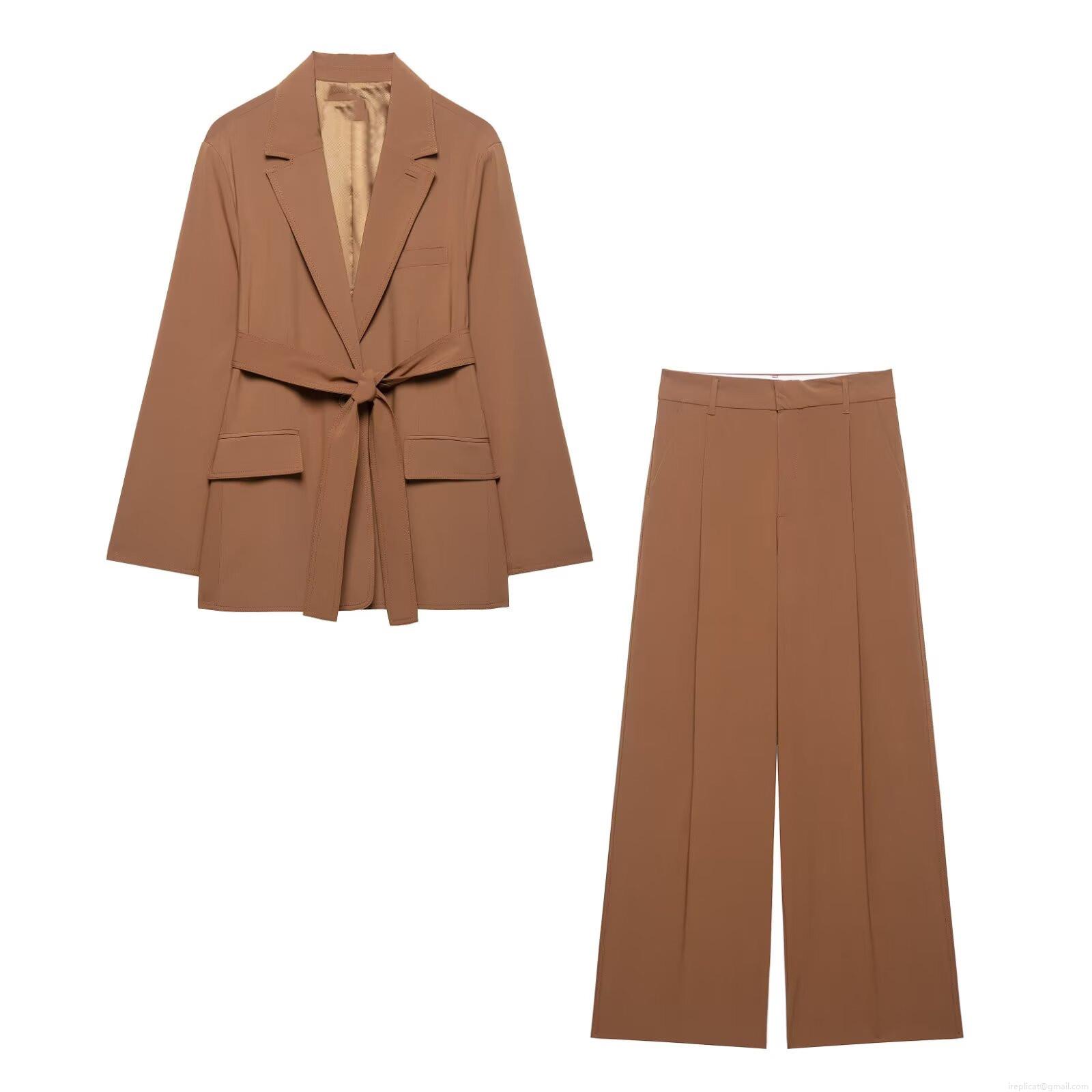 Women's Professional Blazer And Wide Leg Pants Set 100% Polyester Belted Long Sleeve Office Lady Two Piece Suit Commuter Elegant Brown Outfit