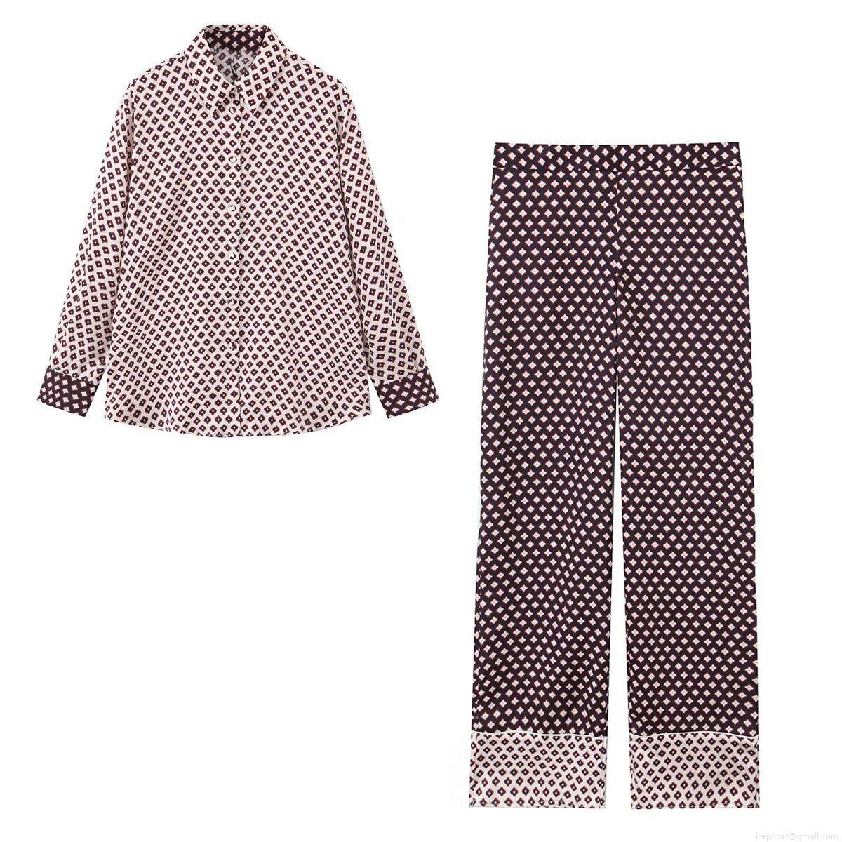 Women's Vintage Geometric Print Satin Texture Two Piece Set Casual Long Sleeve Button Up Shirt and Wide Leg Pants Fashion Loungewear Co-ords Women's Vintage Geometric Print Satin Texture Two Piece Set Casual Long Sleeve Button Up Shirt and Wide Leg Pants Fashion Loungewear Co-ords