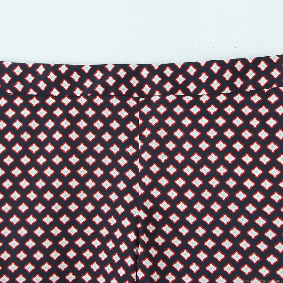 Women\'s Vintage Geometric Print Satin Texture Two Piece Set Casual Long Sleeve Button Up Shirt and Wide Leg Pants Fashion Loungewear Co-ords
