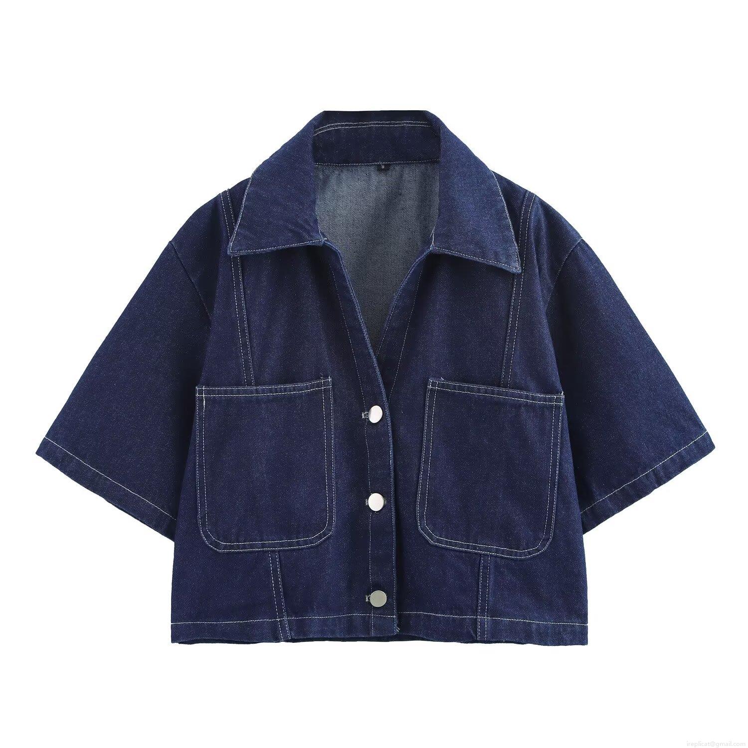 Women Sexy Dark Blue Denim Two Piece Set Short Sleeve Shirt Top And High Waist Skirt Pants With Contrast Stitching Cotton Blend Fashion Summer Outfit For Women Women Sexy Dark Blue Denim Two Piece Set Short Sleeve Shirt Top And High Waist Skirt Pants With Contrast Stitching Cotton Blend Fashion Summer Outfit For Women