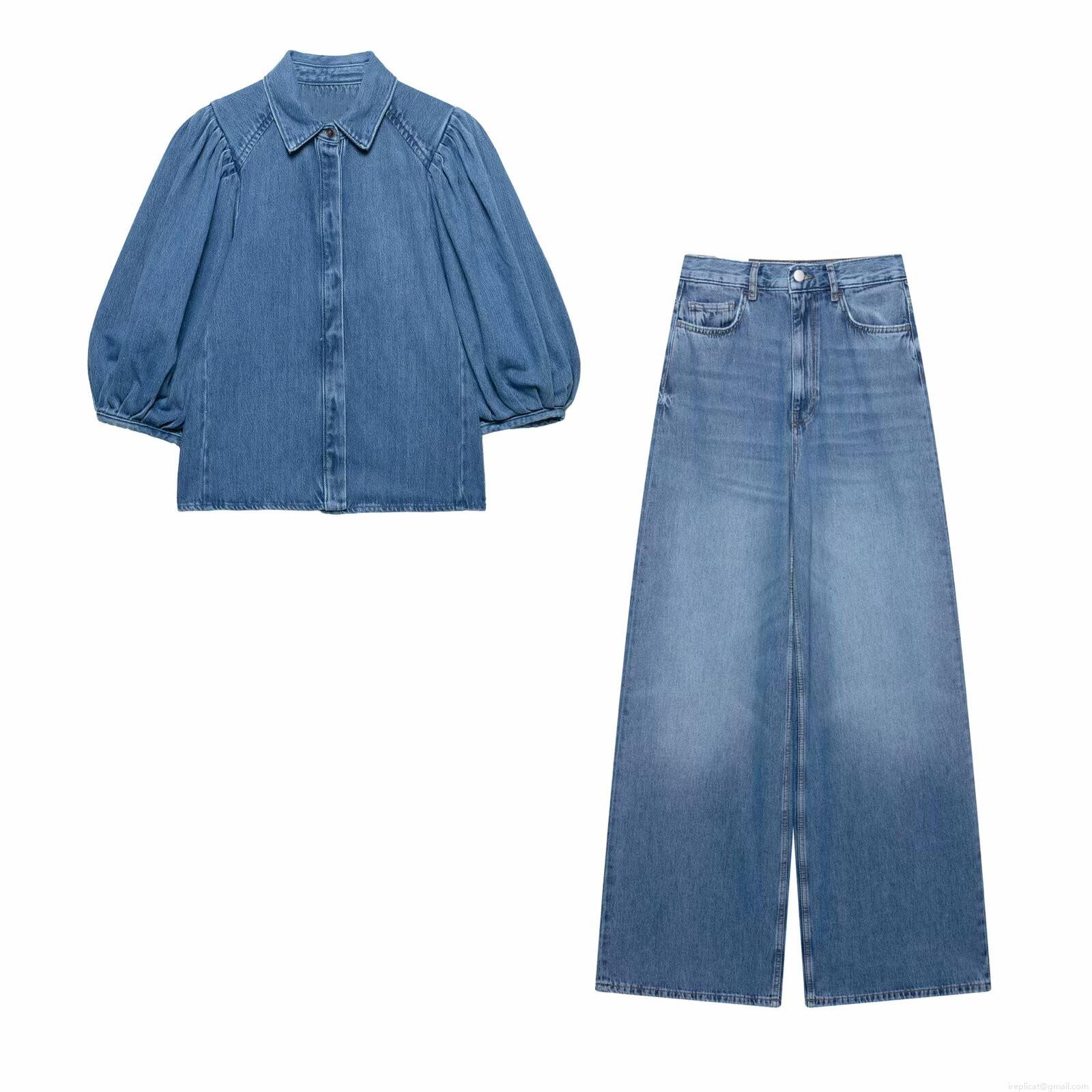 Women's Denim Shirt and Wide Leg Pants Set Casual Puff Sleeve Lapel Cotton Blend Button Up Top High Waist Denim Trousers For Spring Summer Streetwear Daily Fashion Women's Denim Shirt and Wide Leg Pants Set Casual Puff Sleeve Lapel Cotton Blend Button Up Top High Waist Denim Trousers For Spring Summer Streetwear Daily Fashion