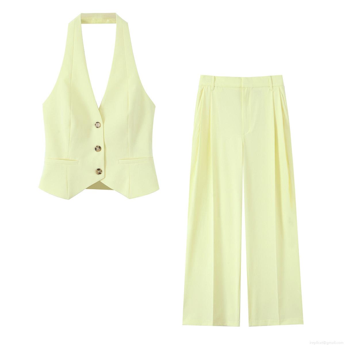 Women's Halter Neck Sleeveless Vest And Wide Leg Pants Two-Piece Set Solid Color Polyester Spandex Casual Fashion Summer Outfit For Ladies Women's Halter Neck Sleeveless Vest And Wide Leg Pants Two-Piece Set Solid Color Polyester Spandex Casual Fashion Summer Outfit For Ladies