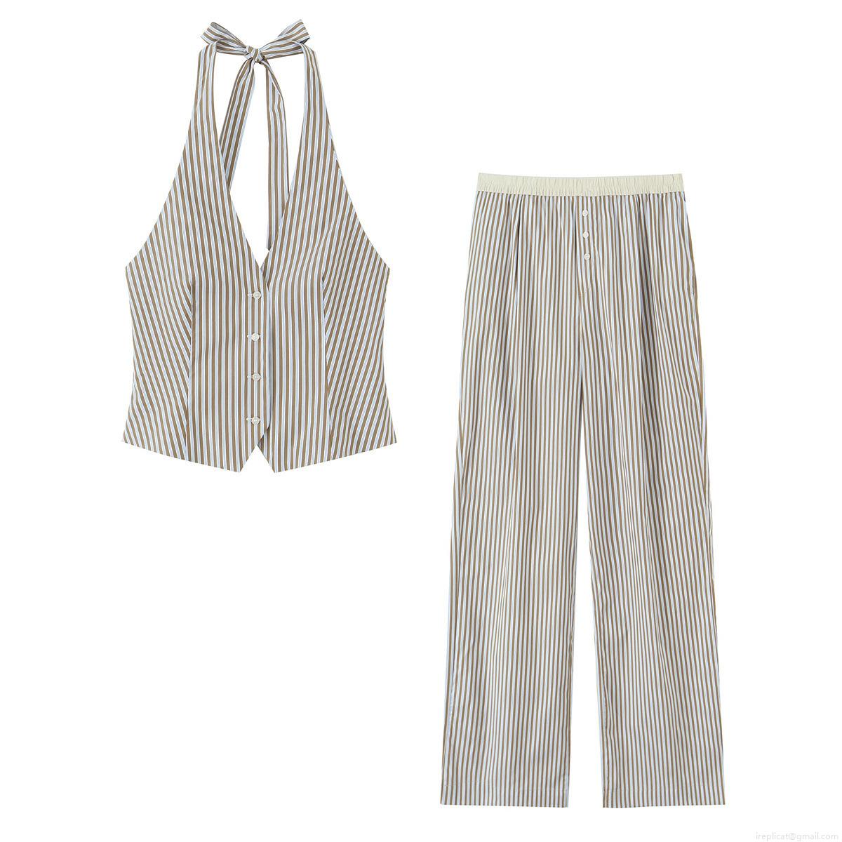 Women's Striped 2 Piece Outfits Halter V Neck Button Up Vest Top And Wide Leg Pants Casual Summer Vacation Co-ord Set Women's Striped 2 Piece Outfits Halter V Neck Button Up Vest Top And Wide Leg Pants Casual Summer Vacation Co-ord Set