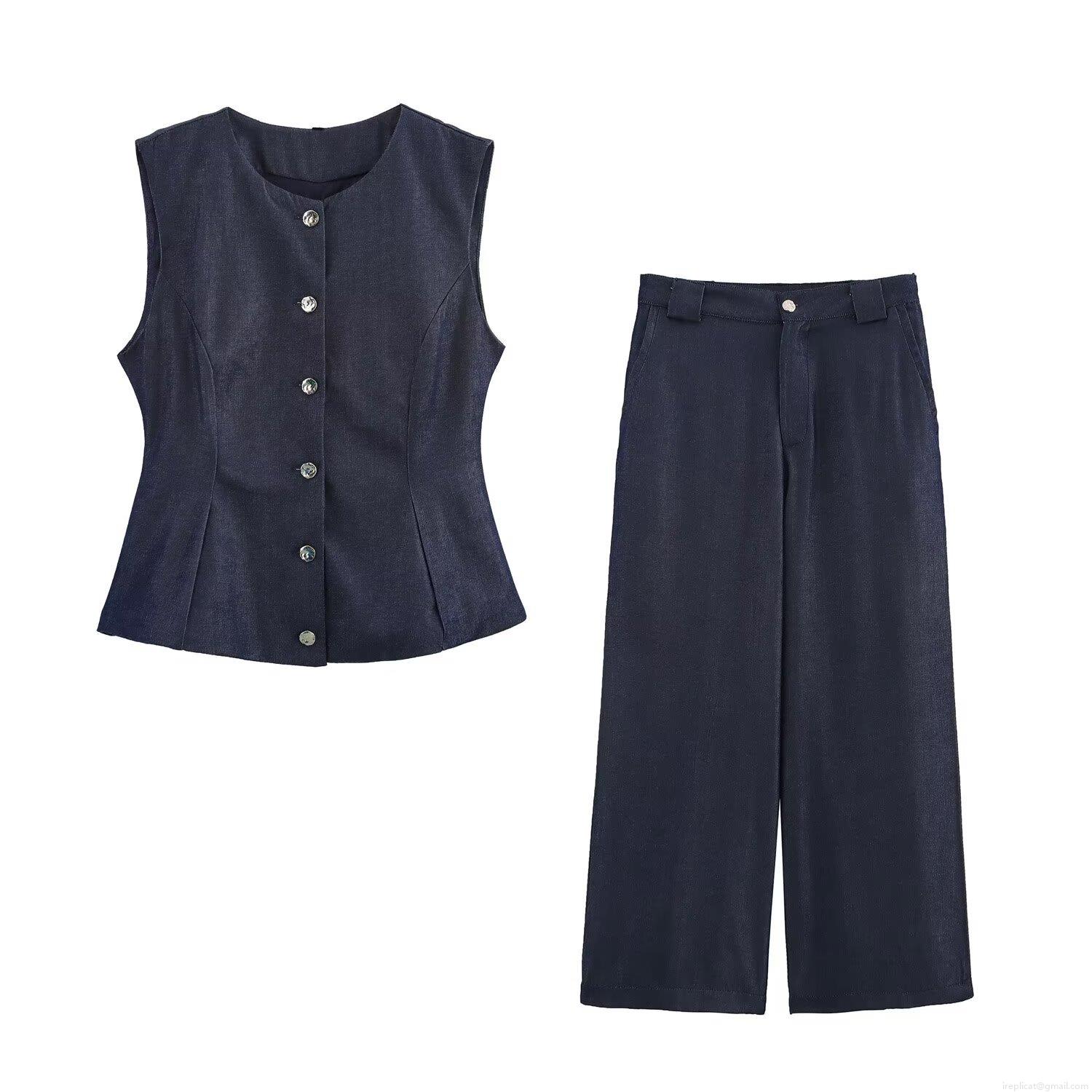 Women's Elegant Denim Blue Cotton Blend Sleeveless Vest And High Waist Wide Leg Trousers Casual Pants Two Piece Set For Office Commute Summer Fashion Women's Elegant Denim Blue Cotton Blend Sleeveless Vest And High Waist Wide Leg Trousers Casual Pants Two Piece Set For Office Commute Summer Fashion