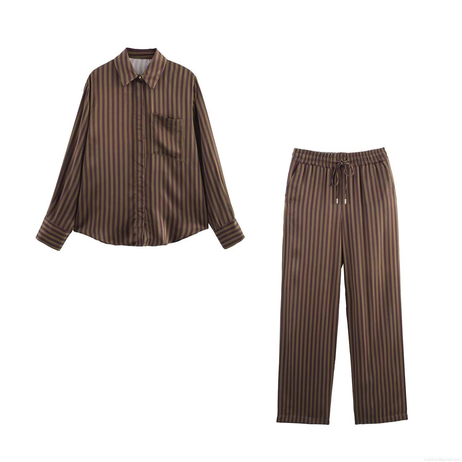 Women's Casual Striped Satin Shirt And Pants Set Vintage Long Sleeve Button Down Blouse With High Waist Drawstring Trousers Soft Silky Loungewear For Daily Work Wear Women's Casual Striped Satin Shirt And Pants Set Vintage Long Sleeve Button Down Blouse With High Waist Drawstring Trousers Soft Silky Loungewear For Daily Work Wear
