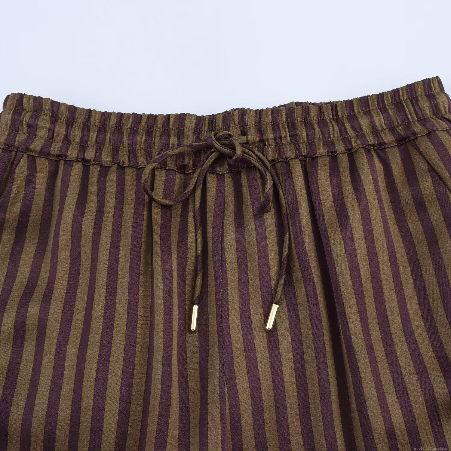 Women\'s Casual Striped Satin Shirt And Pants Set Vintage Long Sleeve Button Down Blouse With High Waist Drawstring Trousers Soft Silky Loungewear For Daily Work Wear