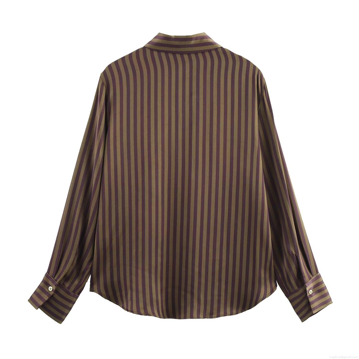 Women\'s Casual Striped Satin Shirt And Pants Set Vintage Long Sleeve Button Down Blouse With High Waist Drawstring Trousers Soft Silky Loungewear For Daily Work Wear
