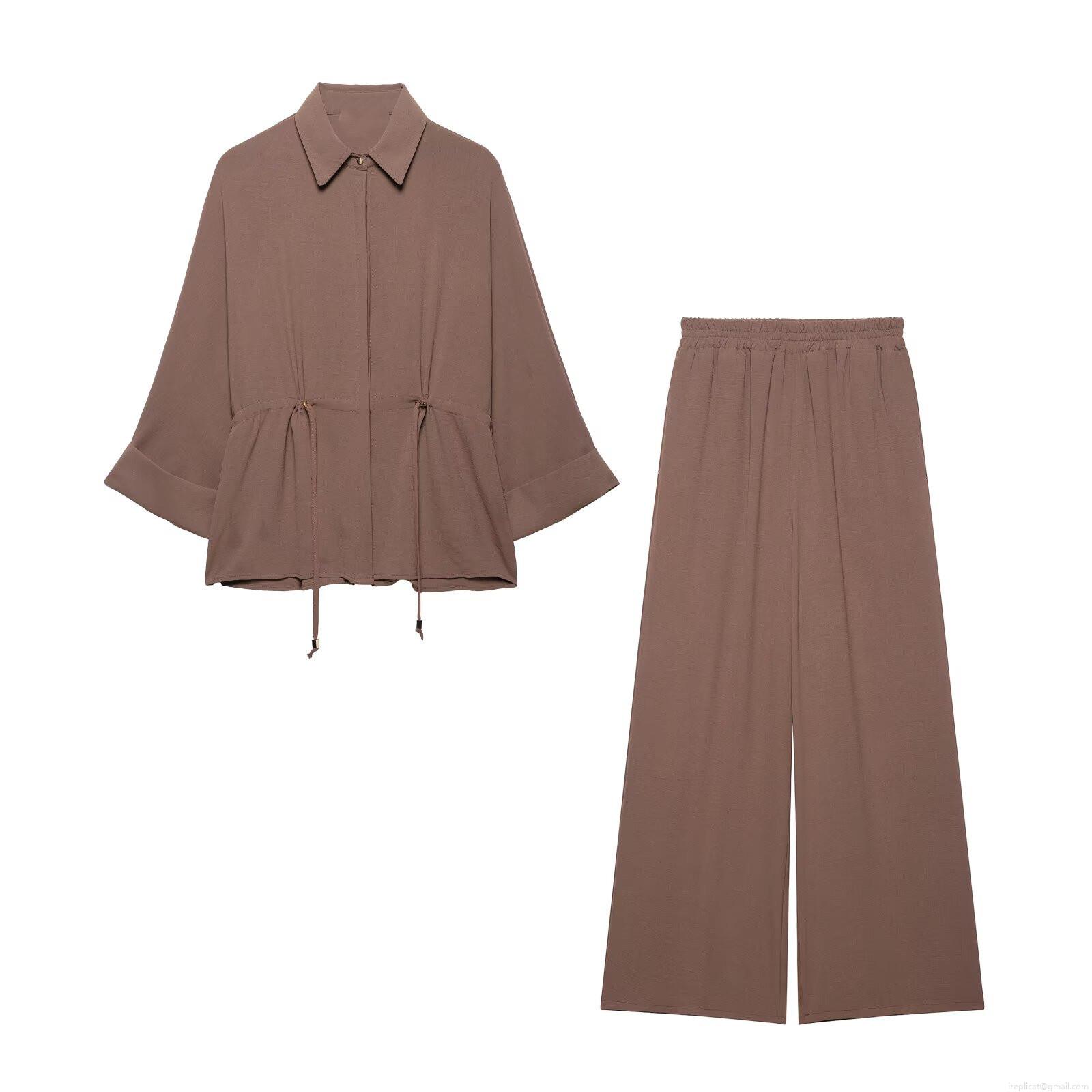 Women Casual 100% Polyester Solid Long Sleeve Drawstring Shirt High Waist Elastic Wide Leg Pants Two-Piece Set Brown Loose Fit Loungewear Women Casual 100% Polyester Solid Long Sleeve Drawstring Shirt High Waist Elastic Wide Leg Pants Two-Piece Set Brown Loose Fit Loungewear