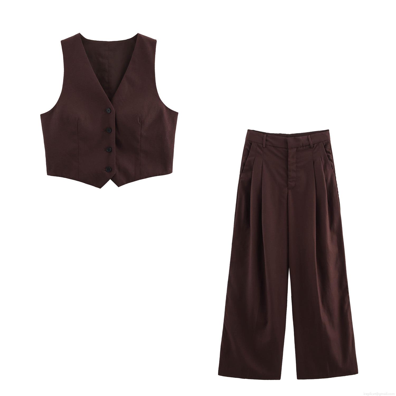 Women Fashion Sleeveless V Neck Backless Vest And High Waist Wide Leg Pleated Pants Two Piece Set Elegant Office Commute Suit Solid Color Women Fashion Sleeveless V Neck Backless Vest And High Waist Wide Leg Pleated Pants Two Piece Set Elegant Office Commute Suit Solid Color
