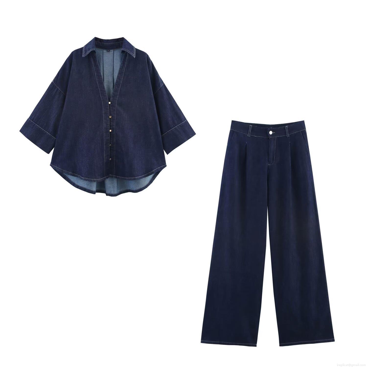 Women's Casual Denim Two Piece Set Fashion Loose Wide Sleeve Shirt And High Waist Wide Leg Pants Cotton Blend Solid Color Stylish Outfit Women's Casual Denim Two Piece Set Fashion Loose Wide Sleeve Shirt And High Waist Wide Leg Pants Cotton Blend Solid Color Stylish Outfit