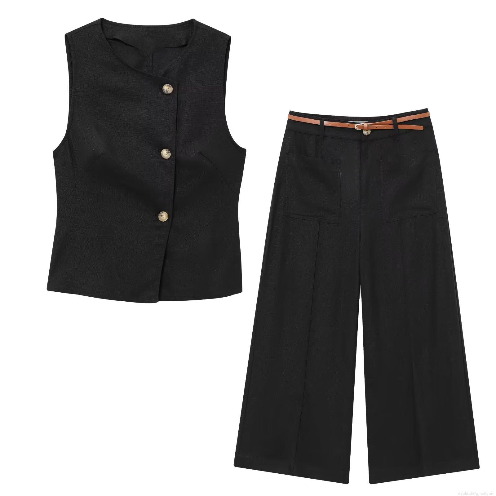 Women's Cotton Linen Blend Sleeveless Vest Top And Wide Leg Pants Set Elegant High Waist Trousers With Belt Office Lady Business Commute Outfit Solid Black Summer Two Piece Suit Women's Cotton Linen Blend Sleeveless Vest Top And Wide Leg Pants Set Elegant High Waist Trousers With Belt Office Lady Business Commute Outfit Solid Black Summer Two Piece Suit