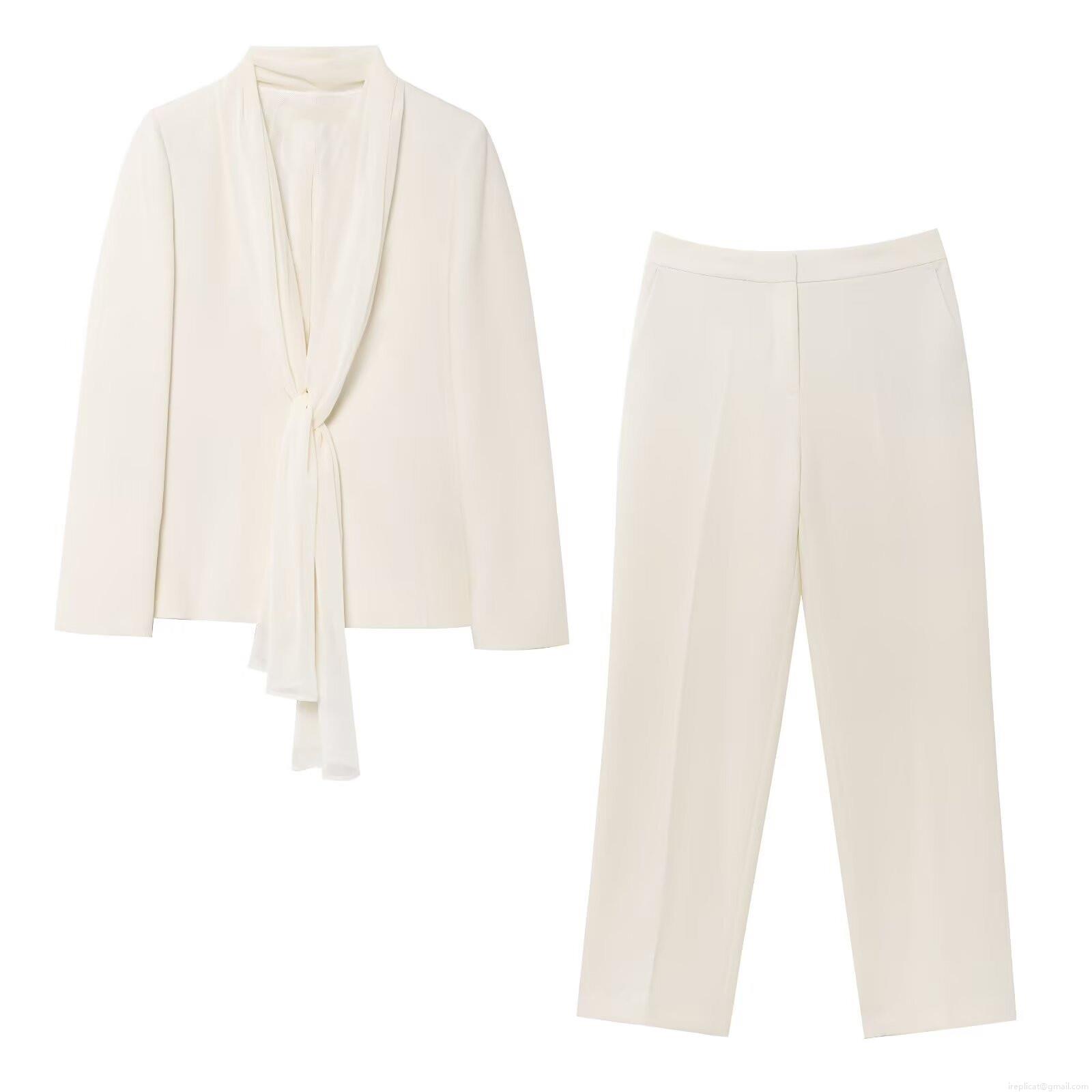 Elegant Women's Blazer and Pants Set Minimalist Solid Color Tie-Neck Long Sleeve Suit Jacket with Straight Leg Trousers for Office Commuter Wear Polyester Spandex Stretch Fabric Two Piece Set Elegant Women's Blazer and Pants Set Minimalist Solid Color Tie-Neck Long Sleeve Suit Jacket with Straight Leg Trousers for Office Commuter Wear Polyester Spandex Stretch Fabric Two Piece Set
