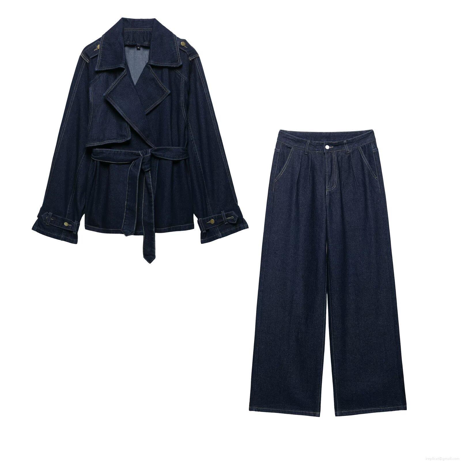 Women's Dark Blue Denim Style Two-Piece Set Belted Trench Coat And Wide Leg Pants Casual Fashion Summer Outfit For Women Women's Dark Blue Denim Style Two-Piece Set Belted Trench Coat And Wide Leg Pants Casual Fashion Summer Outfit For Women
