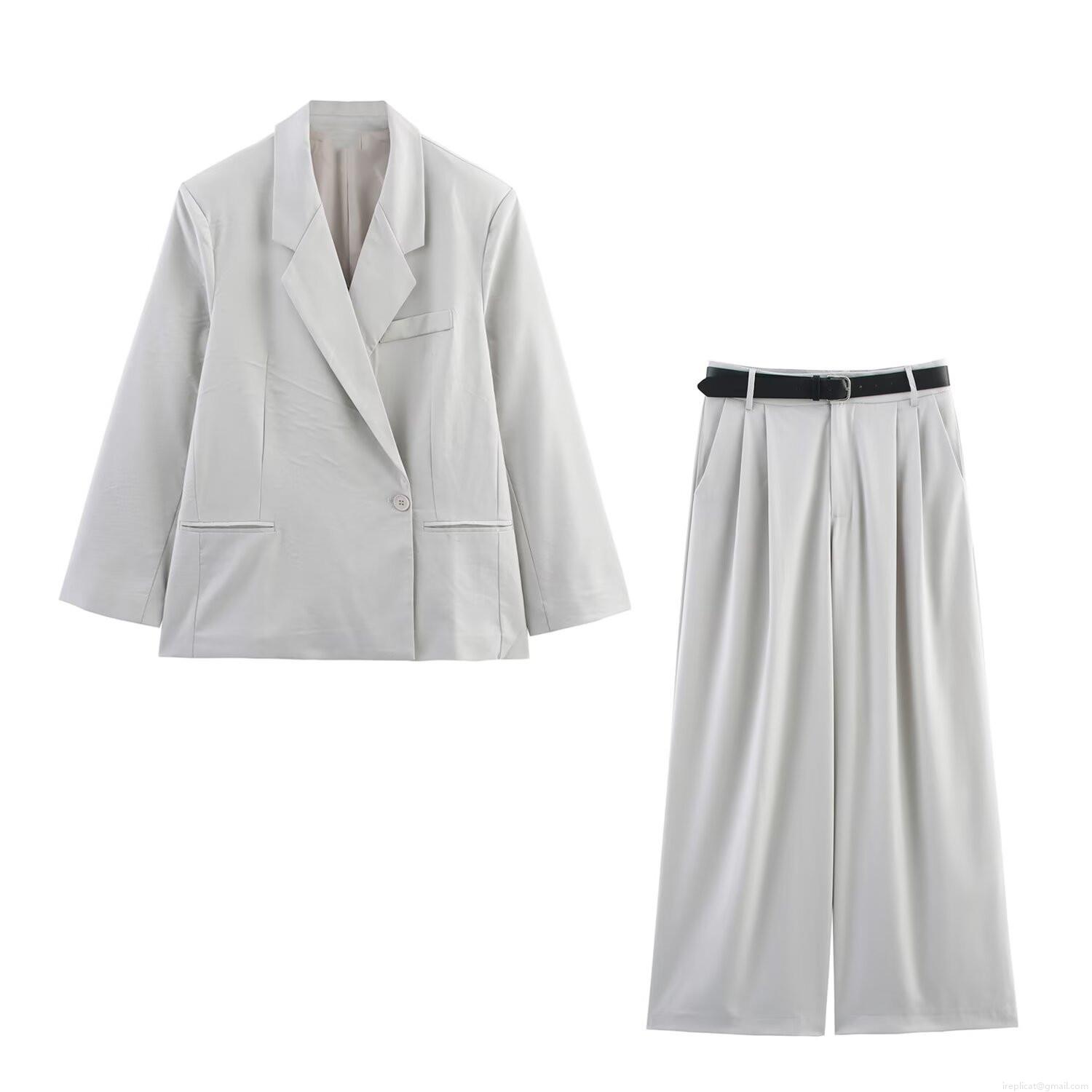 Women Elegant Light Grey Suit Set Professional Notch Lapel Loose Blazer And High Waist Wide Leg Trousers With Belt Casual Woven Office Commuter Outfit Women Elegant Light Grey Suit Set Professional Notch Lapel Loose Blazer And High Waist Wide Leg Trousers With Belt Casual Woven Office Commuter Outfit