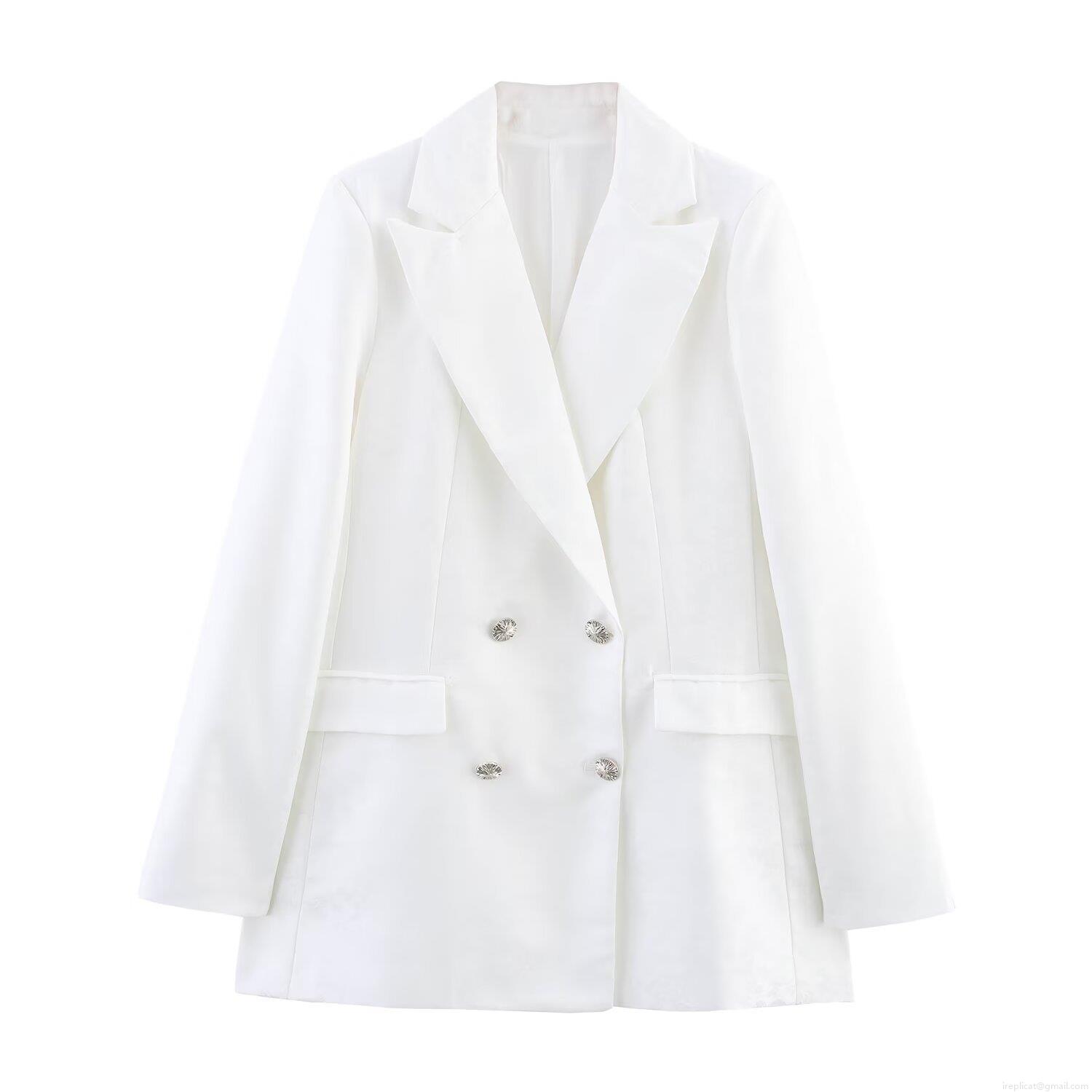 Elegant White Jacquard Blazer and Wide Leg Pants Two Piece Set Women's Summer Double Breasted Suit With Silver Buttons Office Lady Commute Formal Outfits Elegant White Jacquard Blazer and Wide Leg Pants Two Piece Set Women's Summer Double Breasted Suit With Silver Buttons Office Lady Commute Formal Outfits