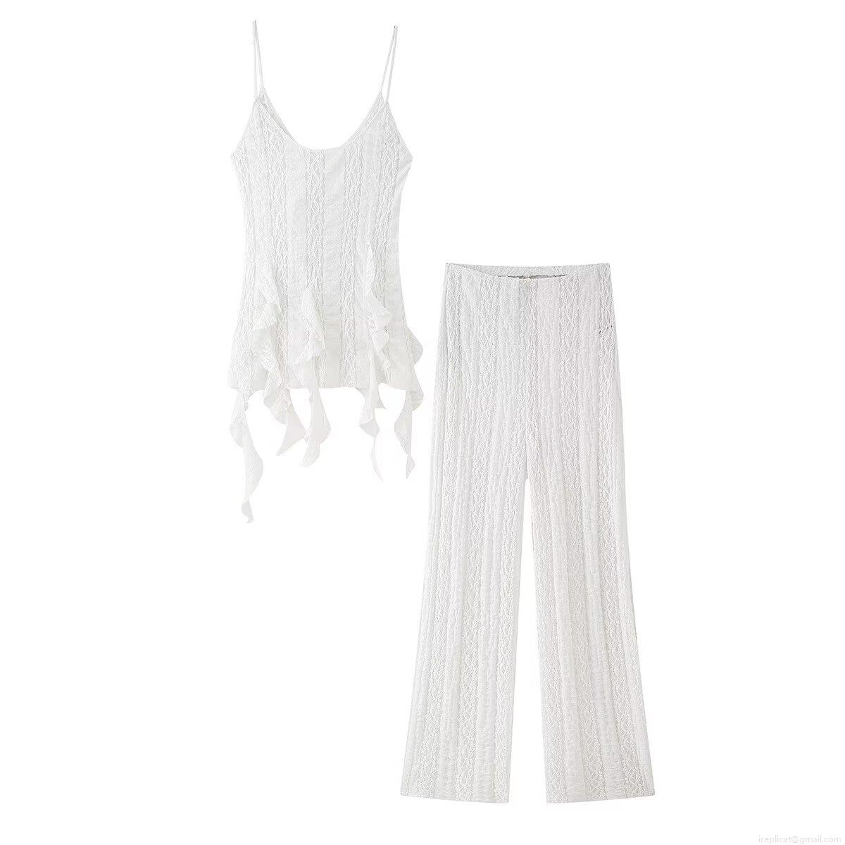 Women Sexy White Lace Ruffle Camisole Top And High Waist Straight Leg Pants Fashion Summer Sleeveless Hollow Out Two Piece Set For Ladies Party Vacation