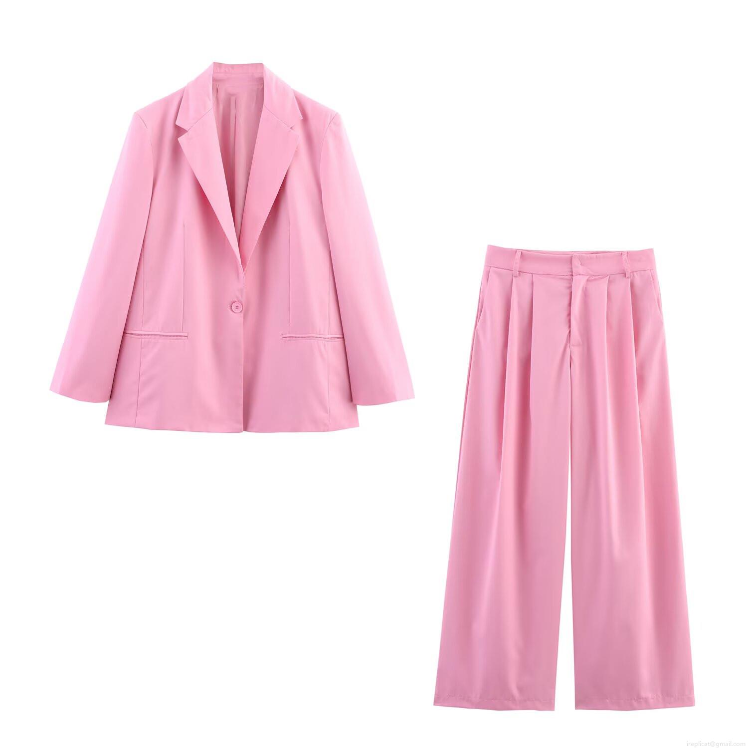Women's Pink Blazer and Wide Leg Pants Two Piece Set Elegant Lapel Single Breasted Loose Suit Jacket and High Waist Trousers for Office Commute Lady Women's Pink Blazer and Wide Leg Pants Two Piece Set Elegant Lapel Single Breasted Loose Suit Jacket and High Waist Trousers for Office Commute Lady