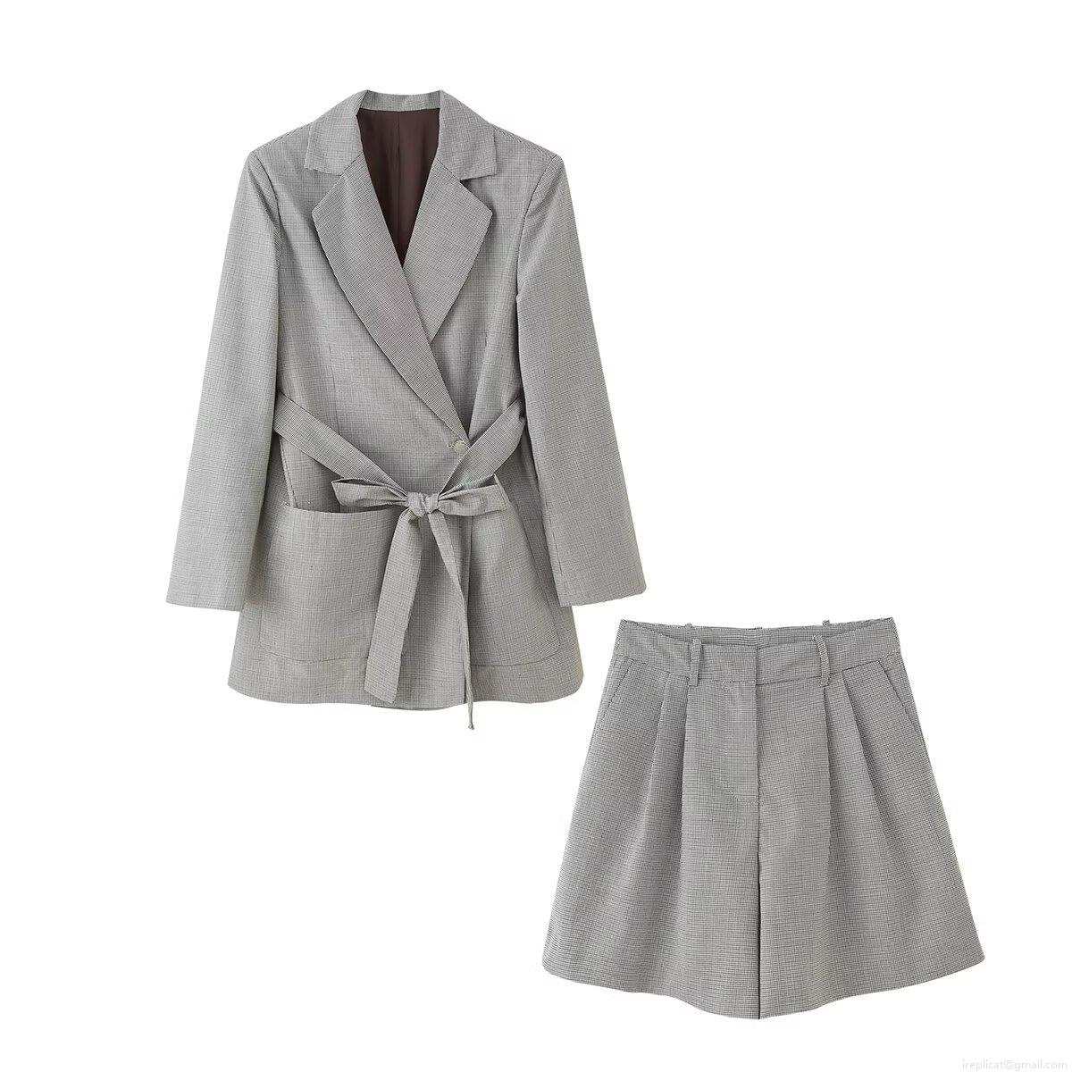Women Chic Houndstooth Plaid 100% Polyester Belted Blazer Jacket And High Waist Shorts Set Office Commuter Summer Elegant Suit For Lady Women Chic Houndstooth Plaid 100% Polyester Belted Blazer Jacket And High Waist Shorts Set Office Commuter Summer Elegant Suit For Lady
