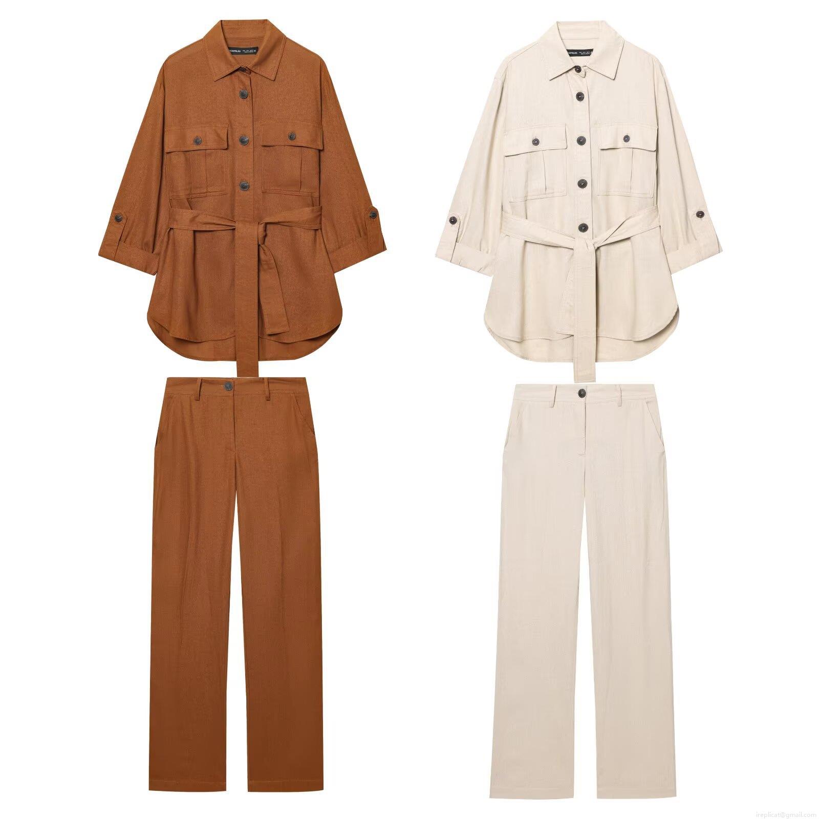 Women's Casual Linen Cotton Shirt and Pants Set Minimalist Solid Color Long Sleeve Button Up Shirt With Belted Wide Leg Straight Trousers For Summer Daily Vacation Office Ladies Co-ord Outfits Women's Casual Linen Cotton Shirt and Pants Set Minimalist Solid Color Long Sleeve Button Up Shirt With Belted Wide Leg Straight Trousers For Summer Daily Vacation Office Ladies Co-ord Outfits