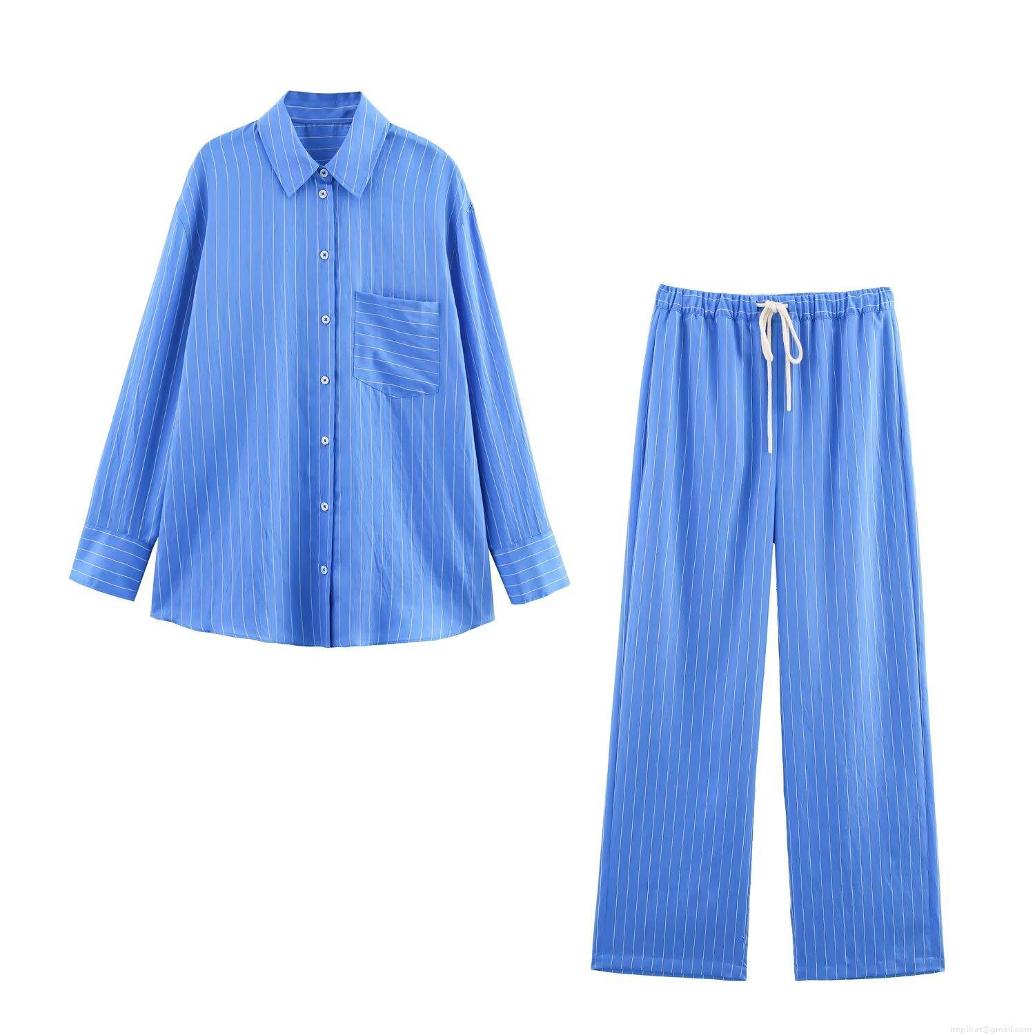 Women's Fashion Striped Two-Piece Set Loose Long Sleeve Button Down Shirt And Drawstring Elastic Waist Straight Leg Pants Casual Summer Urban Commuting Set Women's Fashion Striped Two-Piece Set Loose Long Sleeve Button Down Shirt And Drawstring Elastic Waist Straight Leg Pants Casual Summer Urban Commuting Set