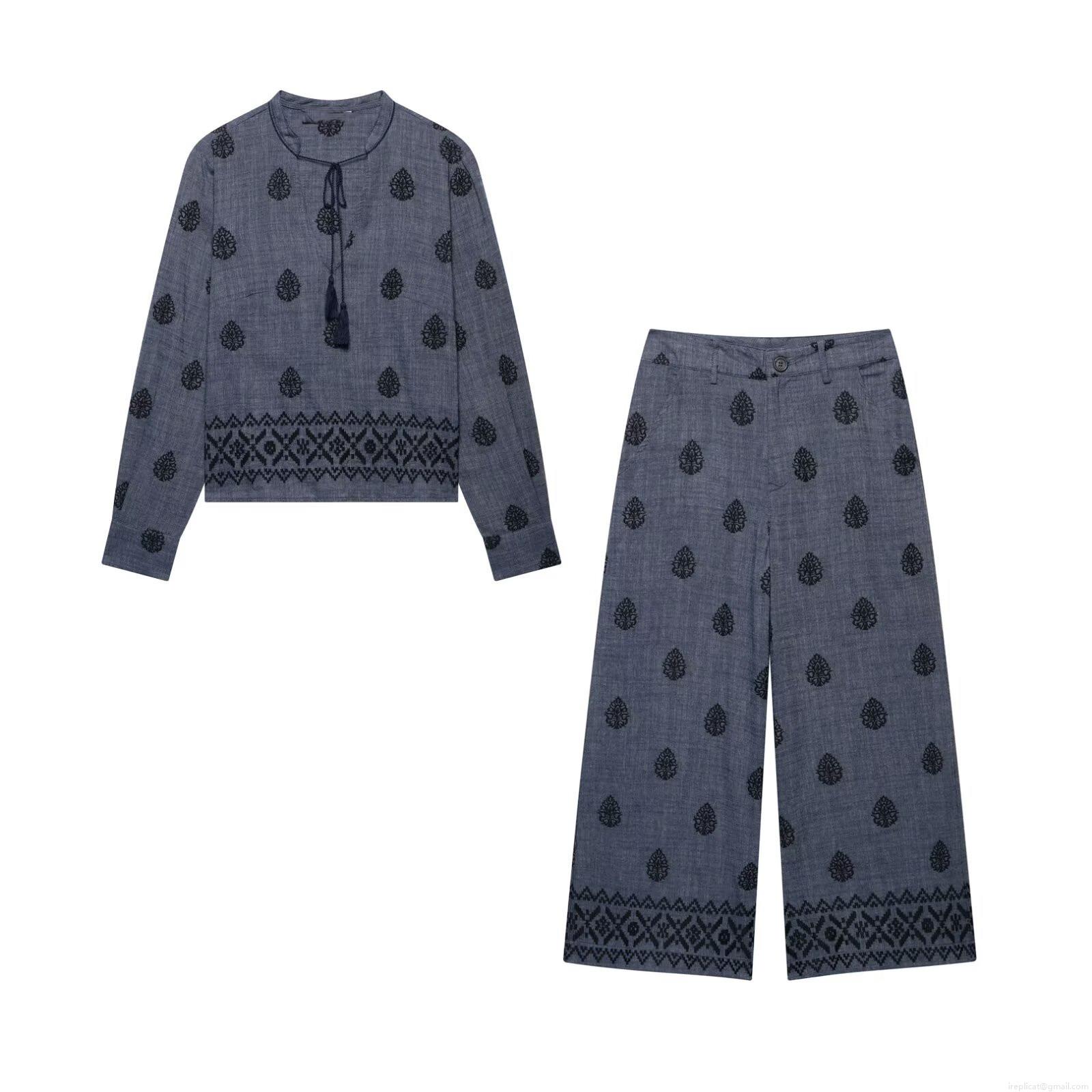 Women Ethnic Embroidered Two-Piece Set Vintage Paisley V Neck Tassel Tie Top Wide Leg Pants Casual Cotton Blend Loose Long Sleeve Suit For Ladies Women Ethnic Embroidered Two-Piece Set Vintage Paisley V Neck Tassel Tie Top Wide Leg Pants Casual Cotton Blend Loose Long Sleeve Suit For Ladies
