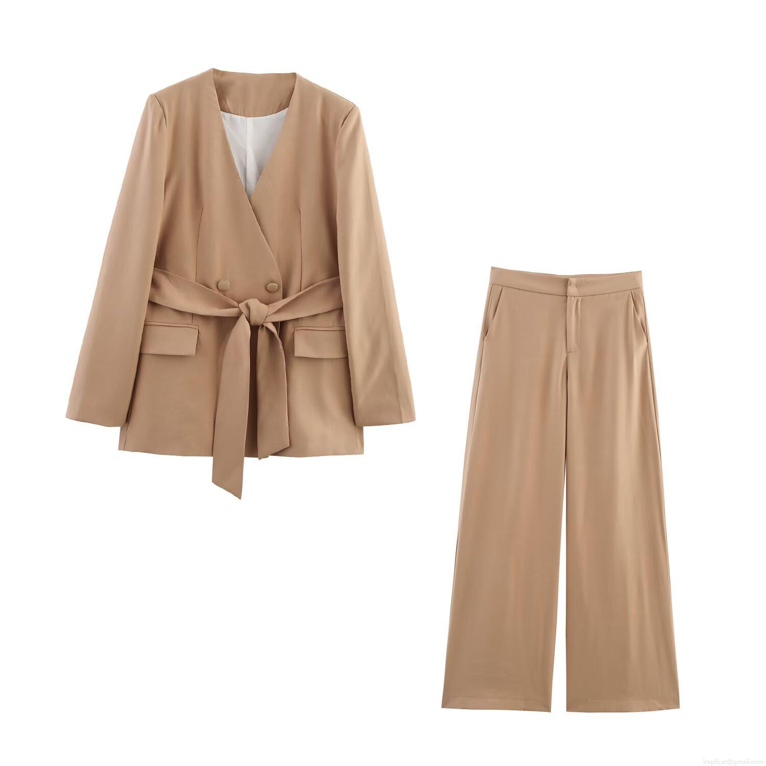 Women Elegant Khaki Professional Office Blazer And Wide Leg Pants Set With Belt V Neck Double Breasted Solid Color 2 Piece Suit For Summer Daily Business Wear Women Elegant Khaki Professional Office Blazer And Wide Leg Pants Set With Belt V Neck Double Breasted Solid Color 2 Piece Suit For Summer Daily Business Wear