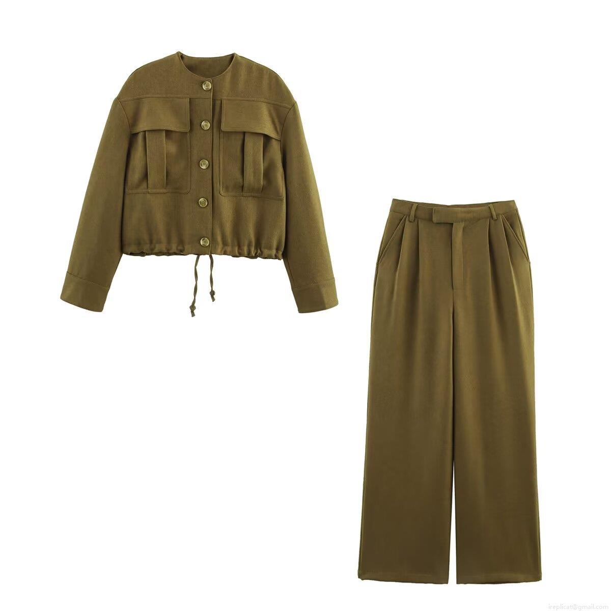 Women's 2-Piece Army Green Outfits Fashion Woven Cargo Jacket With Multi-Pockets And High Waist Wide Leg Pants Casual Summer Streetwear Set Women's 2-Piece Army Green Outfits Fashion Woven Cargo Jacket With Multi-Pockets And High Waist Wide Leg Pants Casual Summer Streetwear Set
