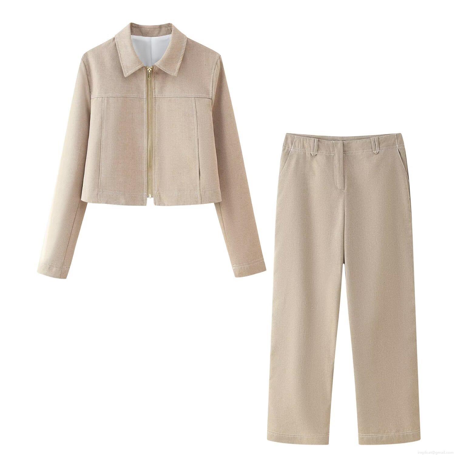 Women's Casual Two Piece Pants Set Herringbone Texture Lapel Zipper Cropped Jacket And High Waist Straight Leg Trousers Outfits Daily Commute Khaki Beige Women's Casual Two Piece Pants Set Herringbone Texture Lapel Zipper Cropped Jacket And High Waist Straight Leg Trousers Outfits Daily Commute Khaki Beige
