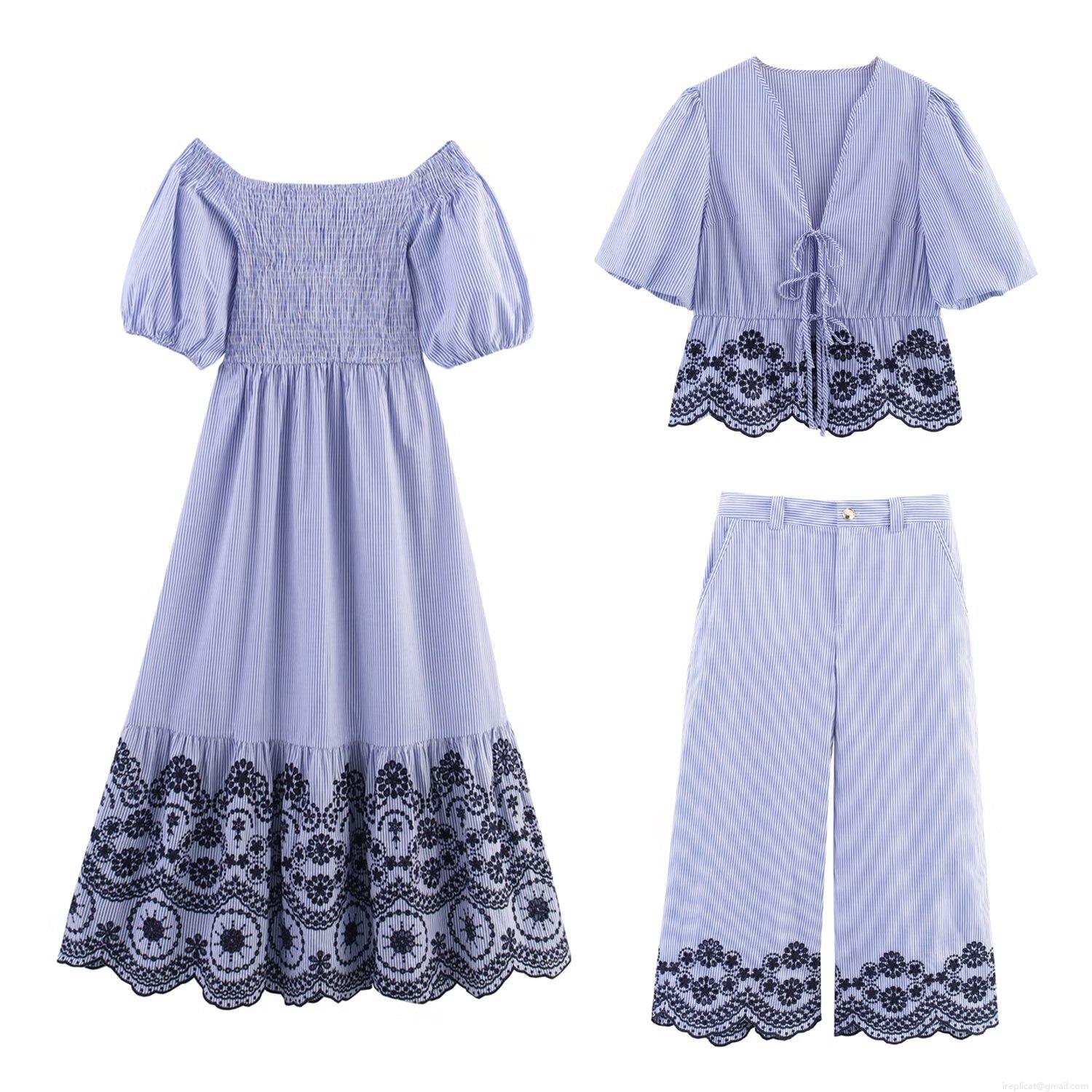 Summer Women Blue White Striped Polyester Spandex Blend Floral Embroidery Set V Neck Tie Front Top Strapless Smocked Midi Dress Wide Leg Pants Holiday Beach Casual Clothing Summer Women Blue White Striped Polyester Spandex Blend Floral Embroidery Set V Neck Tie Front Top Strapless Smocked Midi Dress Wide Leg Pants Holiday Beach Casual Clothing