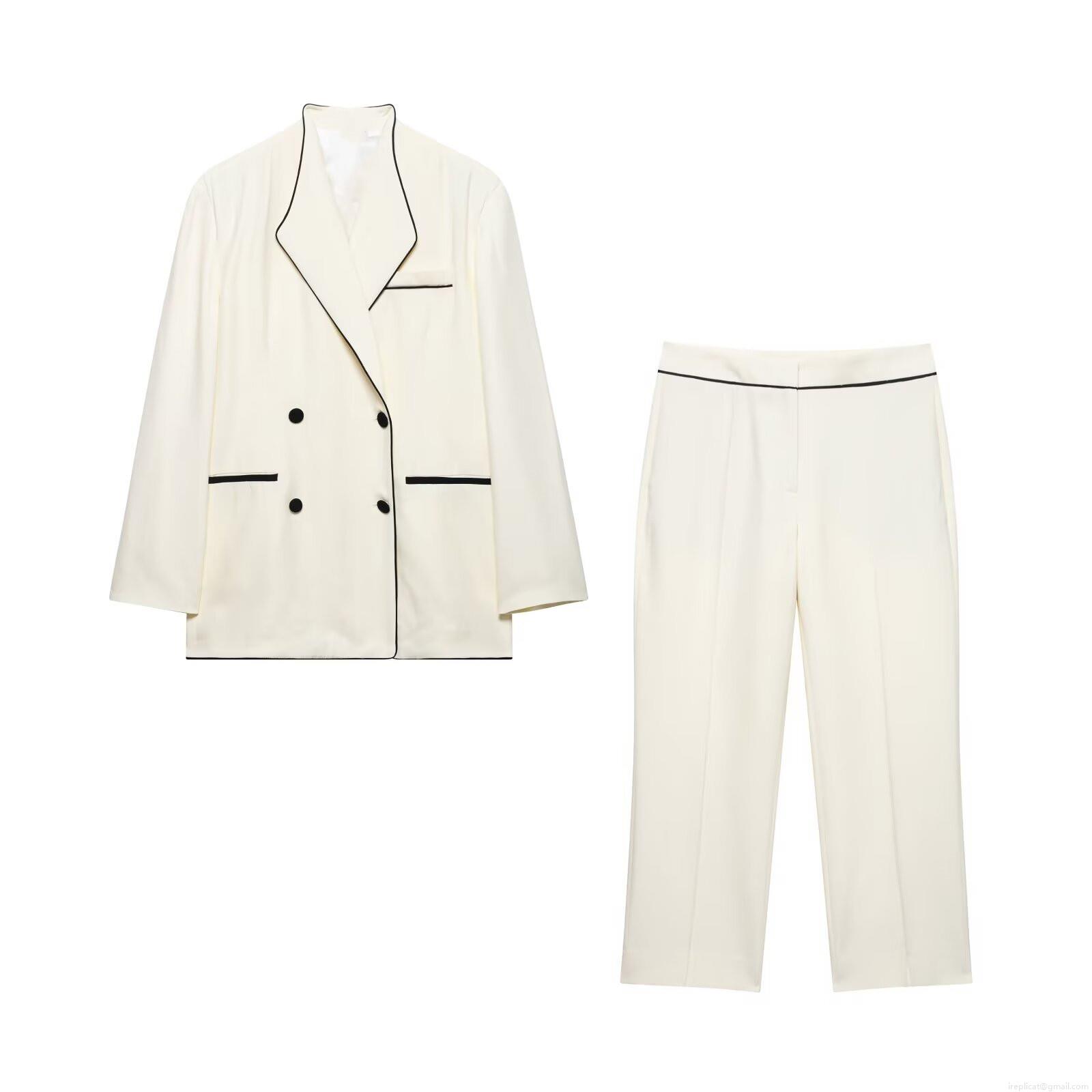 Women's Elegant Contrast Piping Suit Set 100% Polyester Double Breasted Blazer and Straight Leg Pants Two Piece Outfits for Business Office Wedding Daily Fashion Women's Elegant Contrast Piping Suit Set 100% Polyester Double Breasted Blazer and Straight Leg Pants Two Piece Outfits for Business Office Wedding Daily Fashion