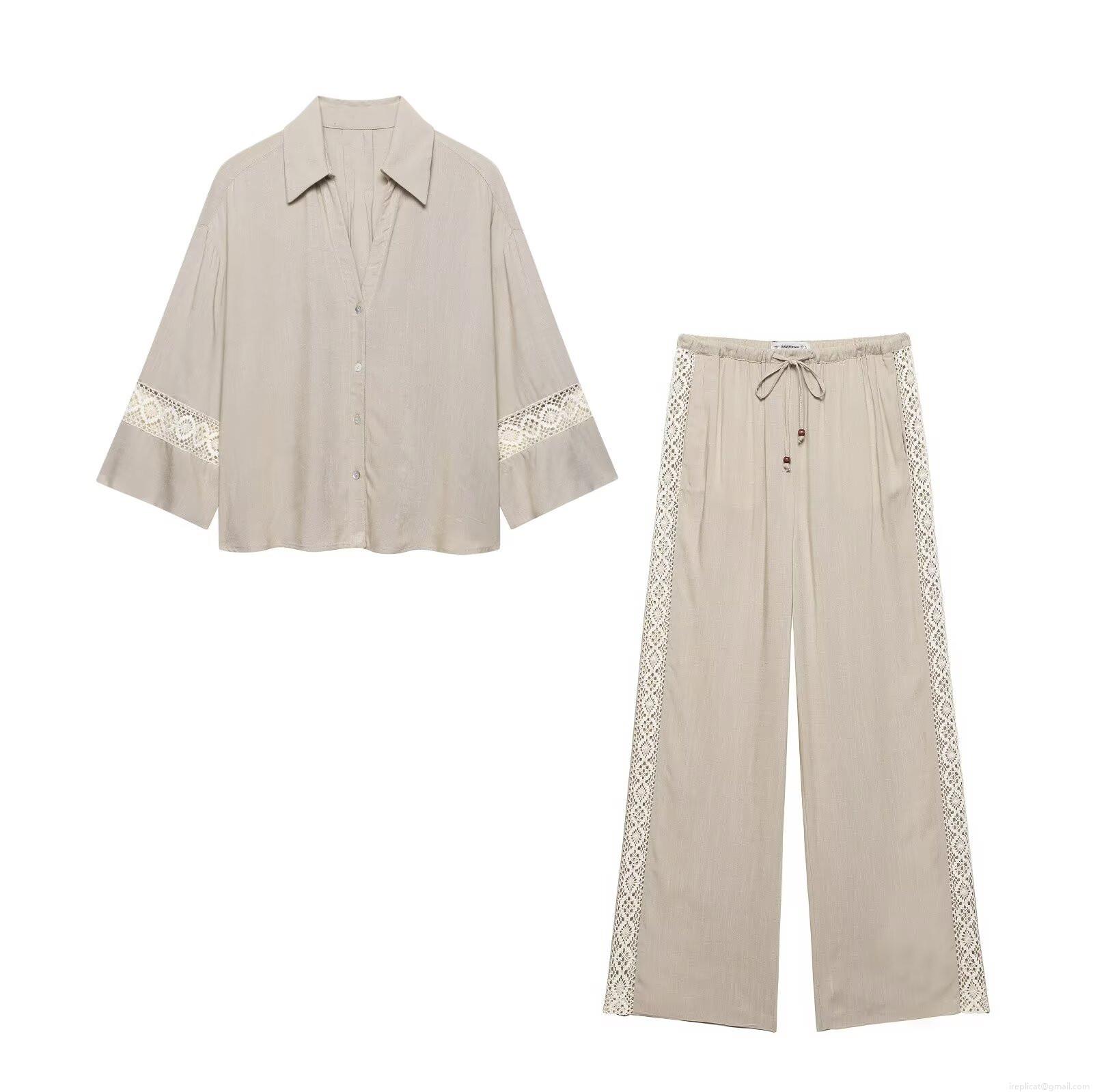 Women Casual Two Piece Set V-Neck Lace Embroidered Shirt and Wide Leg Pants Suit Polyester Cotton-Linen Feel Summer Outfit for Daily Vacation Women Casual Two Piece Set V-Neck Lace Embroidered Shirt and Wide Leg Pants Suit Polyester Cotton-Linen Feel Summer Outfit for Daily Vacation