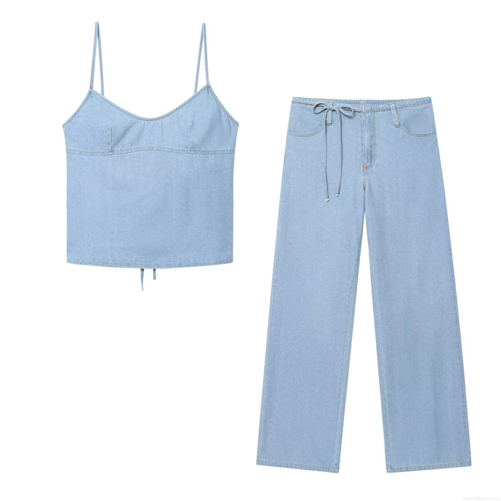 Women Summer Denim Two Piece Set Sexy Spaghetti Strap Backless Tie Bow Crop Top And High Waist Drawstring Wide Leg Jeans Light Blue Casual Outfits Women Summer Denim Two Piece Set Sexy Spaghetti Strap Backless Tie Bow Crop Top And High Waist Drawstring Wide Leg Jeans Light Blue Casual Outfits
