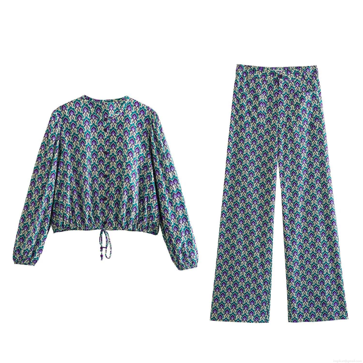 Women Retro Bohemian Geometric Print Two Piece Set Long Sleeve Button Top And High Waist Wide Leg Pants Polyester Casual Summer Outfit Women Retro Bohemian Geometric Print Two Piece Set Long Sleeve Button Top And High Waist Wide Leg Pants Polyester Casual Summer Outfit