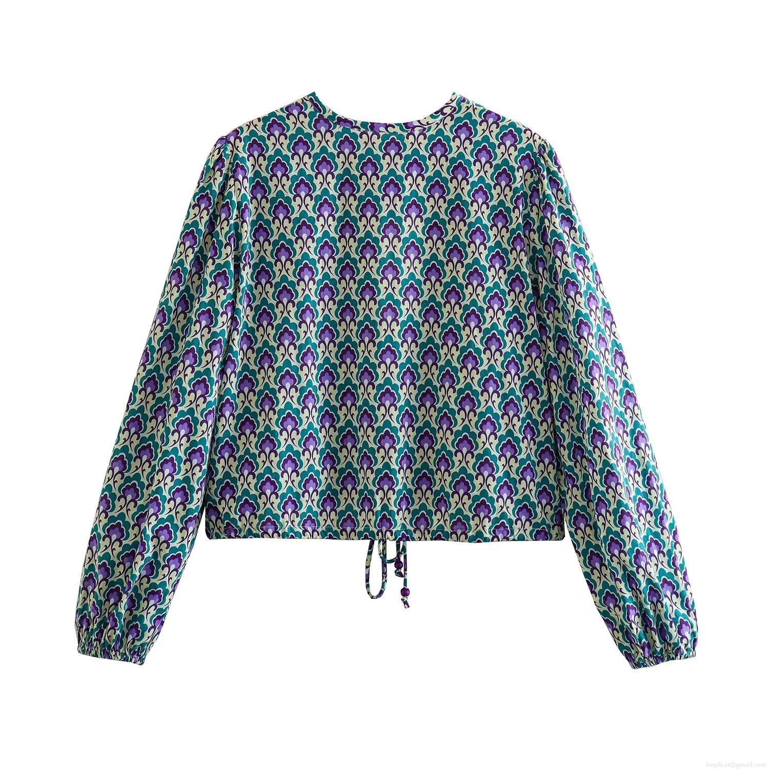 Women Retro Bohemian Geometric Print Two Piece Set Long Sleeve Button Top And High Waist Wide Leg Pants Polyester Casual Summer Outfit