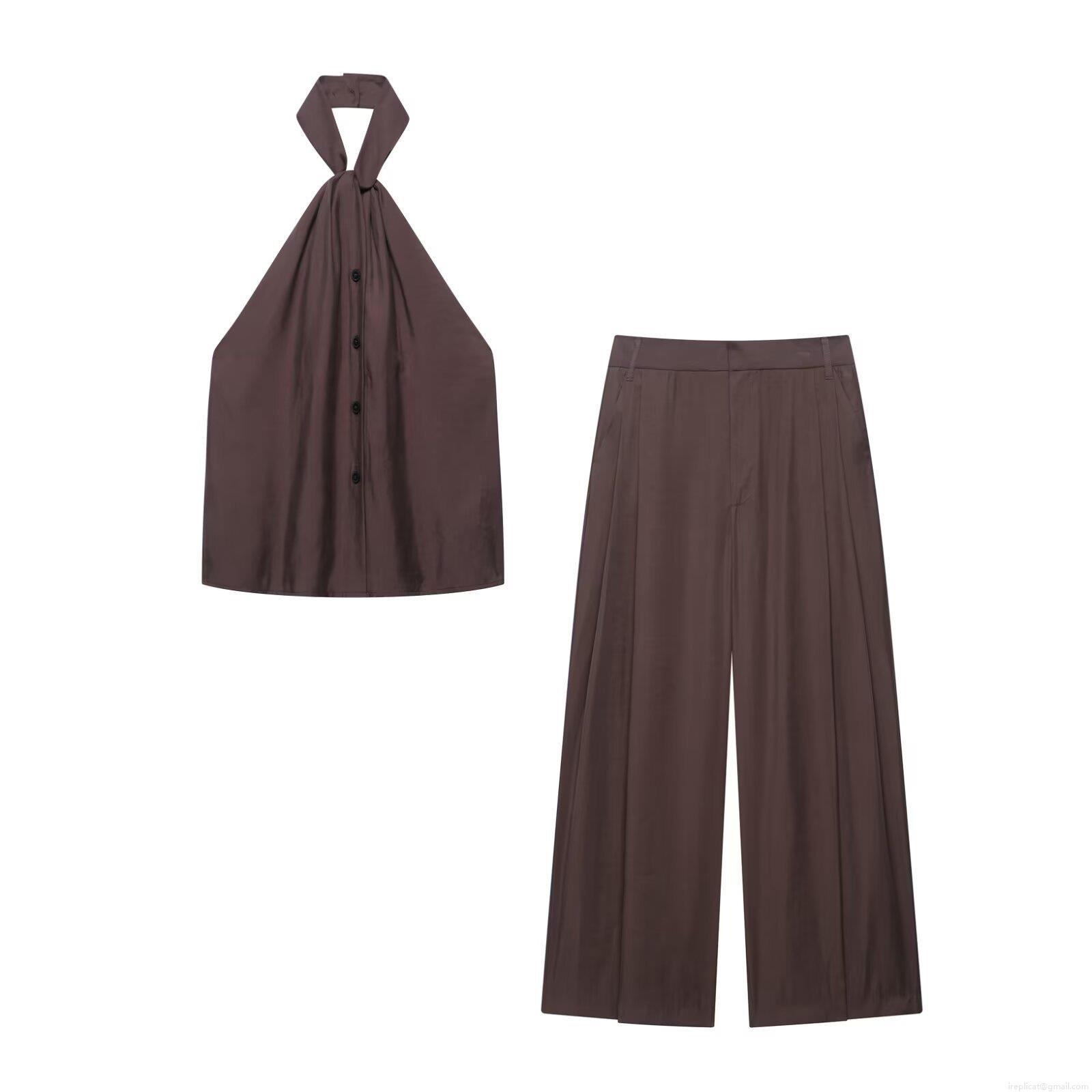 Elegant Women Summer Two Piece Halter Neck Button Vest Top And High Waisted Wide Leg Pants Set Solid Color Satin Casual Streetwear Outfits Elegant Women Summer Two Piece Halter Neck Button Vest Top And High Waisted Wide Leg Pants Set Solid Color Satin Casual Streetwear Outfits