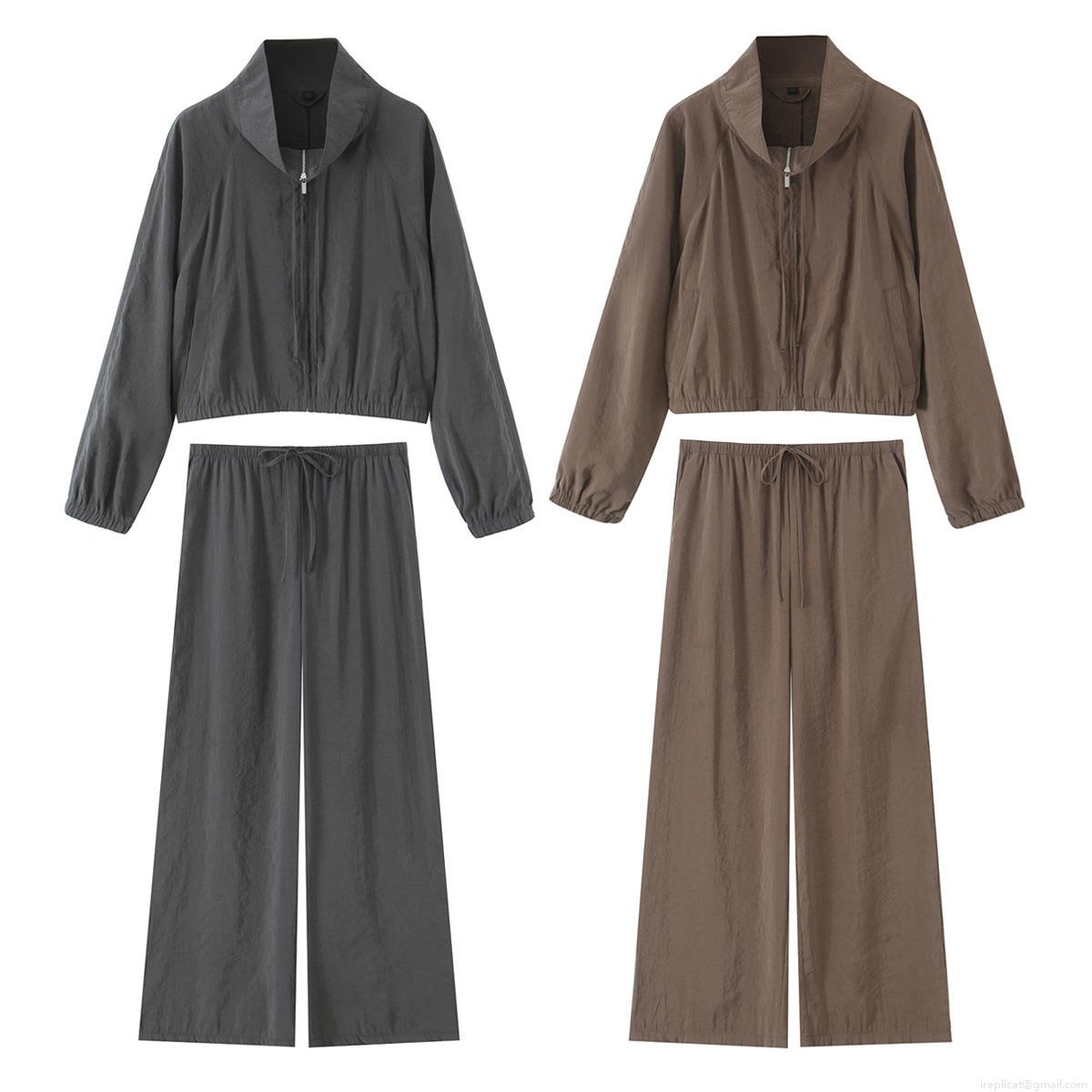 Women's Casual Solid Color Zipper Jacket and High Waist Wide Leg Pants Set Sporty Loose Fit Lightweight Loungewear Outfit for Women Women's Casual Solid Color Zipper Jacket and High Waist Wide Leg Pants Set Sporty Loose Fit Lightweight Loungewear Outfit for Women