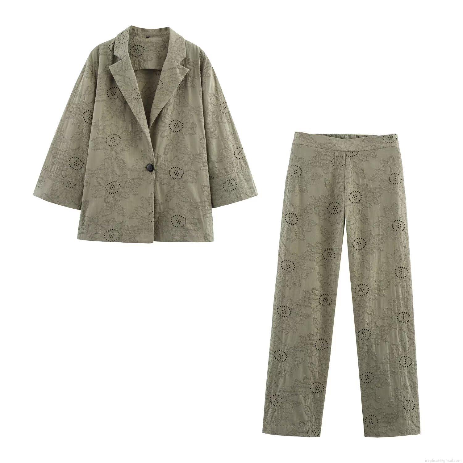 Women's Casual Set 85% Cotton Sunflower Embroidery Hollow Out Eyelet Long Sleeve Top And High Waist Wide Leg Pants Two Piece Set For Daily Vacation Olive Green Summer Clothing Women's Casual Set 85% Cotton Sunflower Embroidery Hollow Out Eyelet Long Sleeve Top And High Waist Wide Leg Pants Two Piece Set For Daily Vacation Olive Green Summer Clothing
