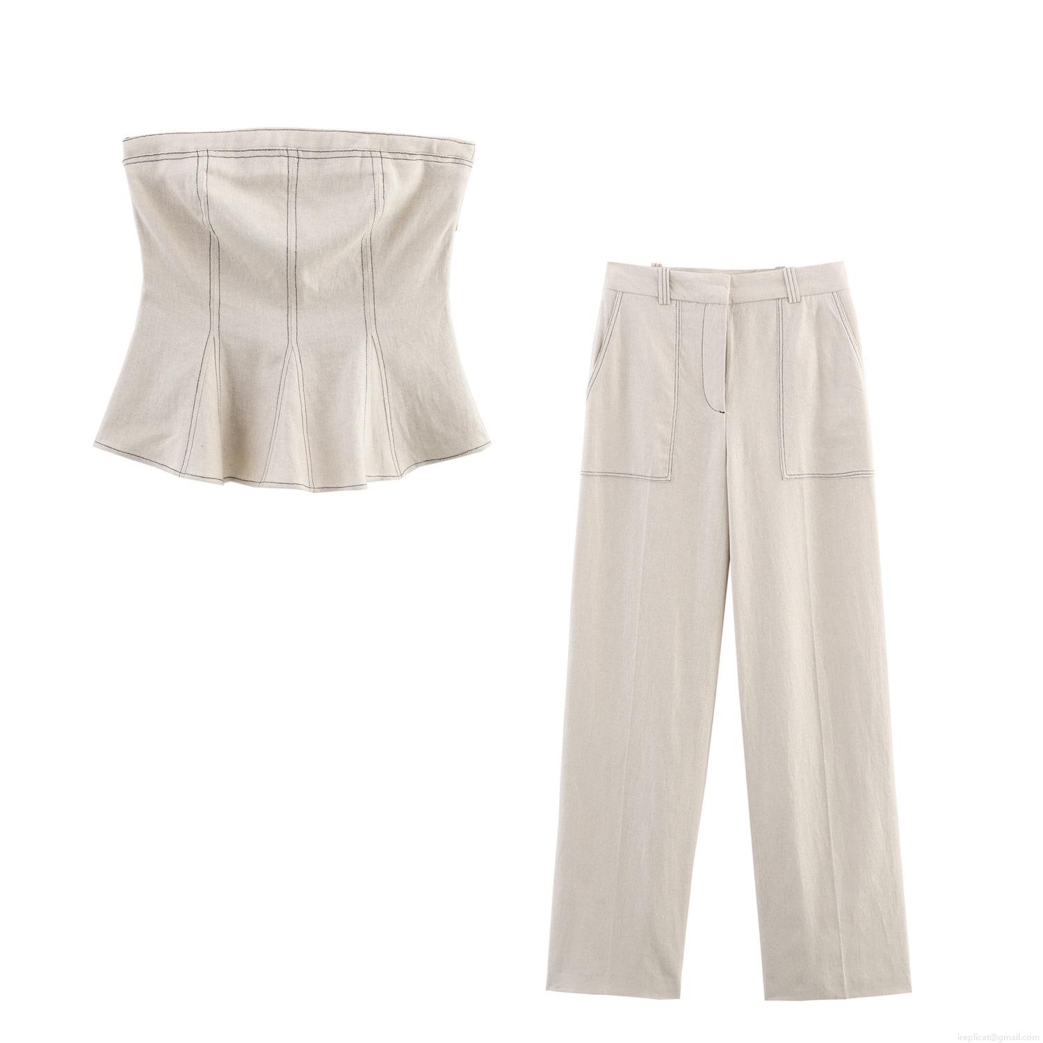 Women\'s 2 Piece Set Sexy Strapless Tube Top And High Waist Straight Leg Pants Contrast Stitching Cotton Linen Blend Summer Casual Socialite Outfit Women\'s 2 Piece Set Sexy Strapless Tube Top And High Waist Straight Leg Pants Contrast Stitching Cotton Linen Blend Summer Casual Socialite Outfit