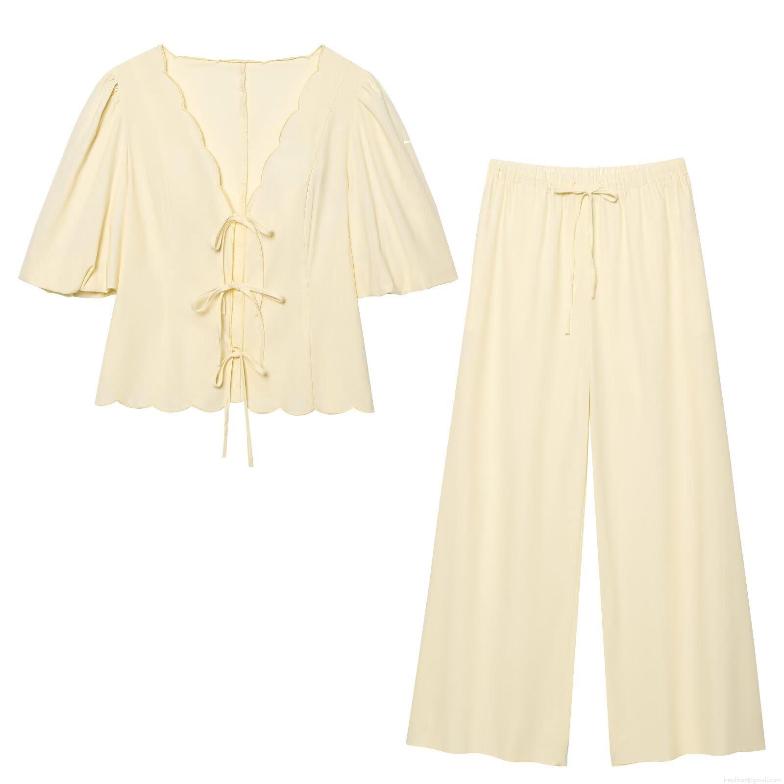 Women's Summer 2-Piece Outfit Set Scalloped V-Neck Tie Front Short Puff Sleeve Blouse Top And High Waist Wide Leg Long Pants Solid Color Sweet Casual Streetwear Suits Women's Summer 2-Piece Outfit Set Scalloped V-Neck Tie Front Short Puff Sleeve Blouse Top And High Waist Wide Leg Long Pants Solid Color Sweet Casual Streetwear Suits