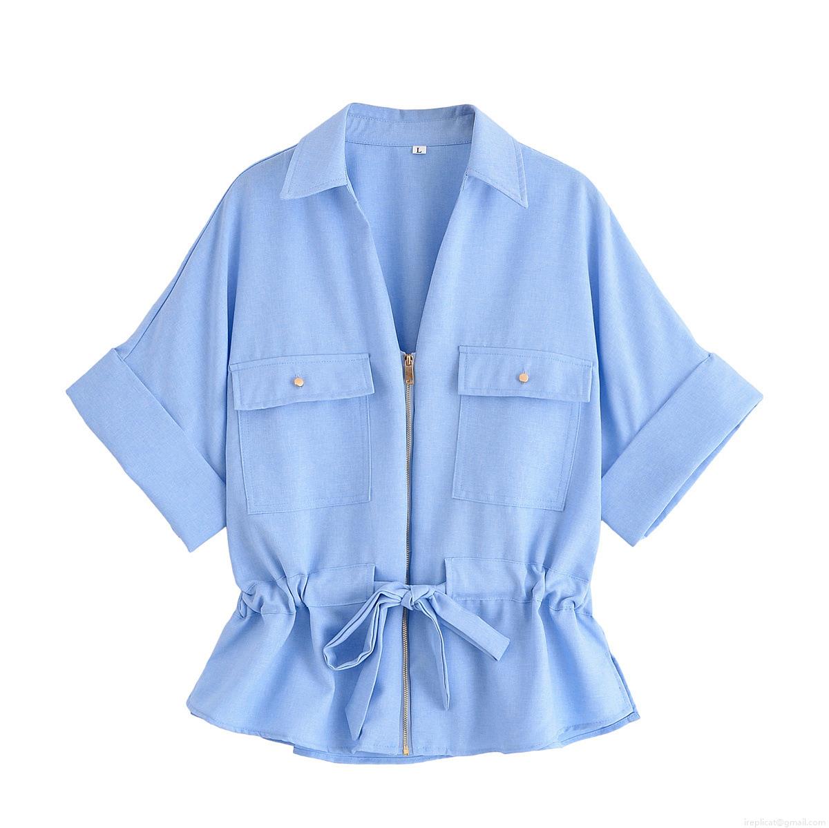 Women Summer Casual Linen Blend Shirt and Wide Leg Pants Two Piece Set Light Blue Solid Color Short Sleeve Zipper Top and Elastic Waist Trousers Loose Fashion Outfit Women Summer Casual Linen Blend Shirt and Wide Leg Pants Two Piece Set Light Blue Solid Color Short Sleeve Zipper Top and Elastic Waist Trousers Loose Fashion Outfit