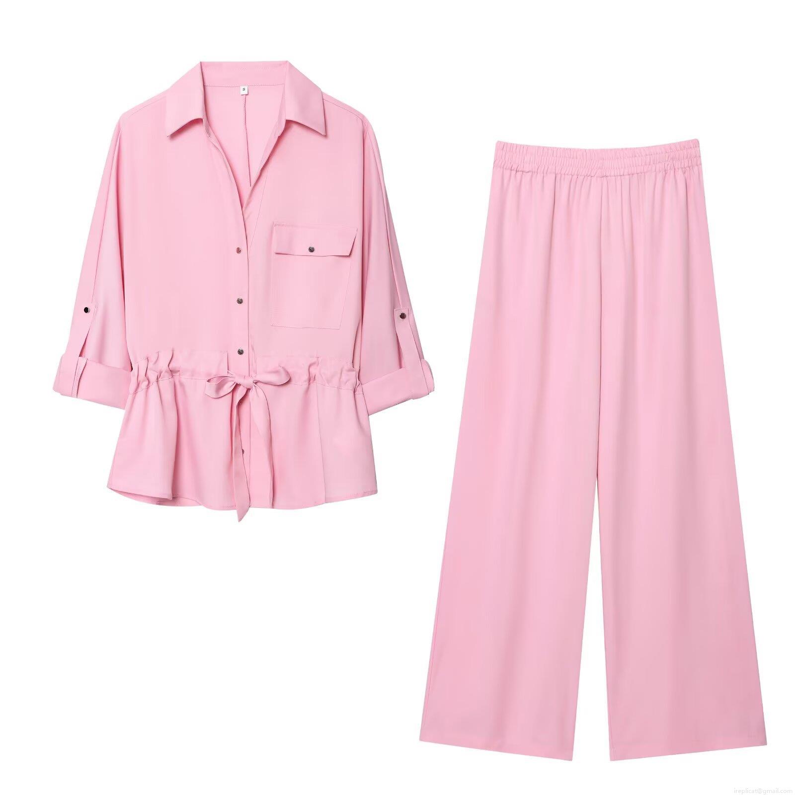Women Casual Lapel Long Sleeve Shirt And High Waist Wide Leg Pants Two-Piece Co-ords Set 100% Polyester Solid Color Relaxed Fit Spring Summer Autumn Outfit For Women Women Casual Lapel Long Sleeve Shirt And High Waist Wide Leg Pants Two-Piece Co-ords Set 100% Polyester Solid Color Relaxed Fit Spring Summer Autumn Outfit For Women