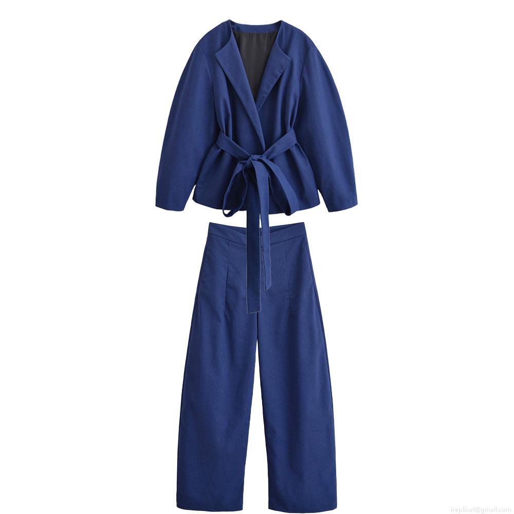 Women's 2 Piece Casual Outfit Set 100% Polyester Kimono Style Belted Wrap Top And High Waisted Wide Leg Pants Suit For Daily Streetwear Office Ladies Women's 2 Piece Casual Outfit Set 100% Polyester Kimono Style Belted Wrap Top And High Waisted Wide Leg Pants Suit For Daily Streetwear Office Ladies
