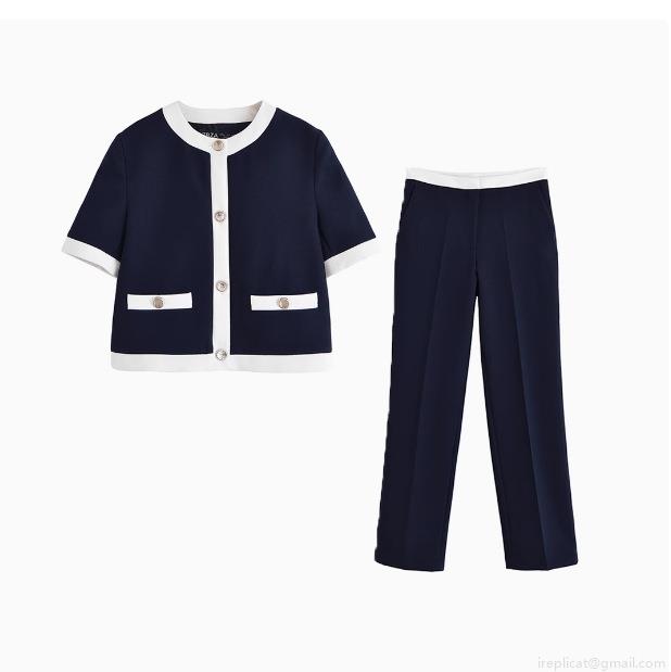 Women Chic Contrast Trim Short Sleeve Round Neck Blazer And Straight Leg Pants Two Piece Set Business Casual Office Suit With Metal Buttons Women Chic Contrast Trim Short Sleeve Round Neck Blazer And Straight Leg Pants Two Piece Set Business Casual Office Suit With Metal Buttons